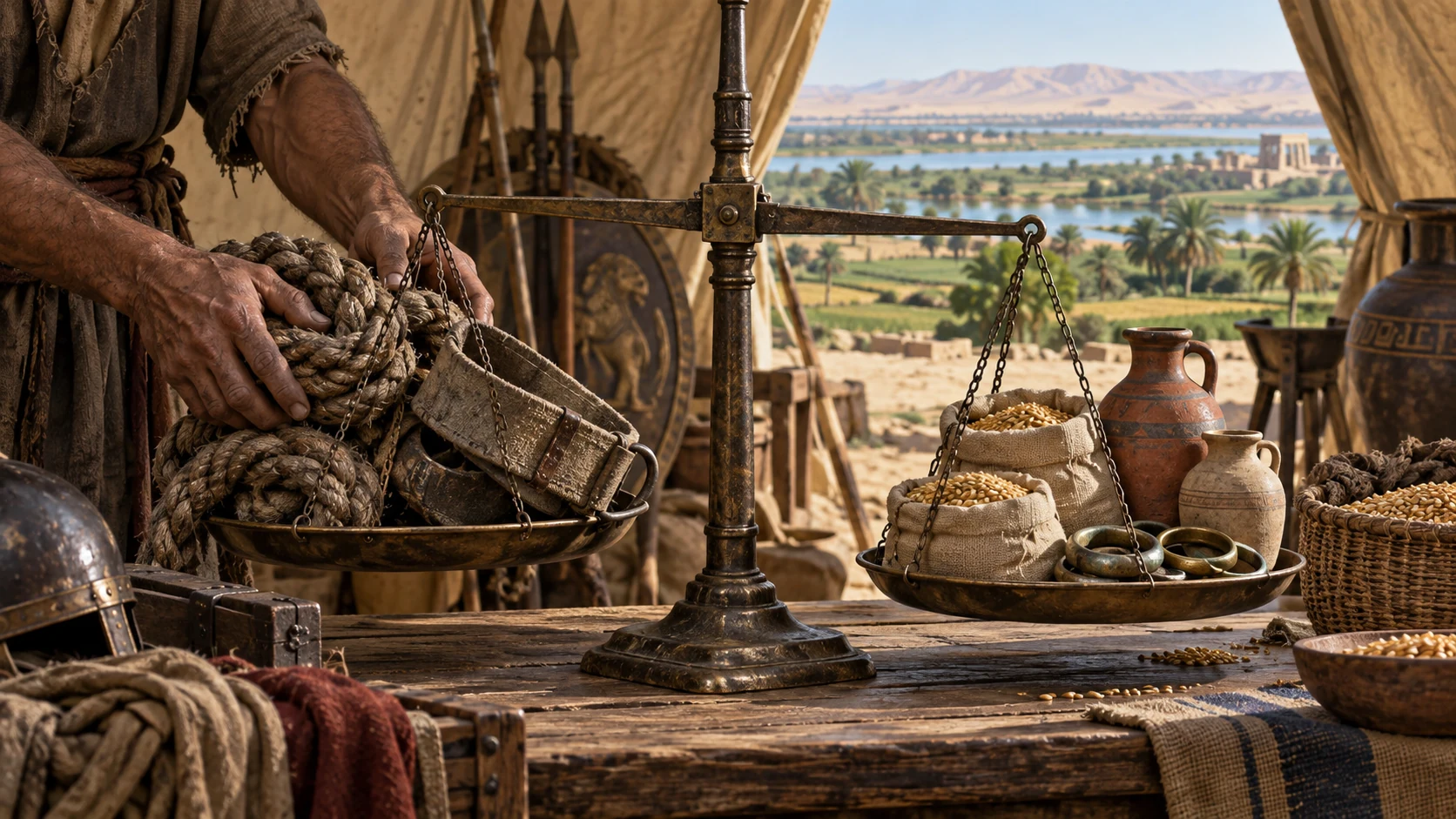 A Babylonian worker weighs worn siege gear against grain and plain metal in a tent.