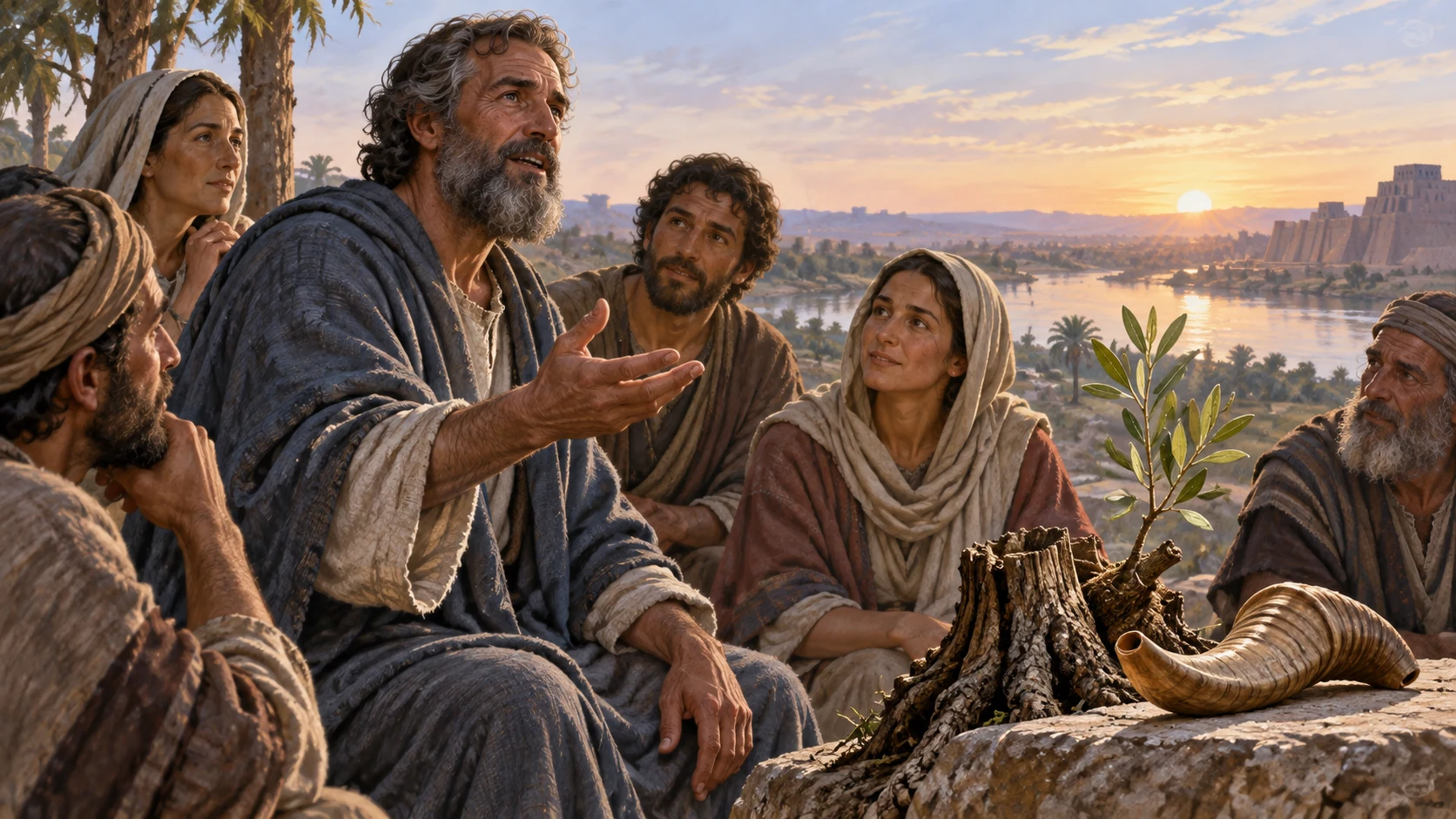 Ezekiel addresses exiled listeners beside a new olive shoot and a ram’s horn.