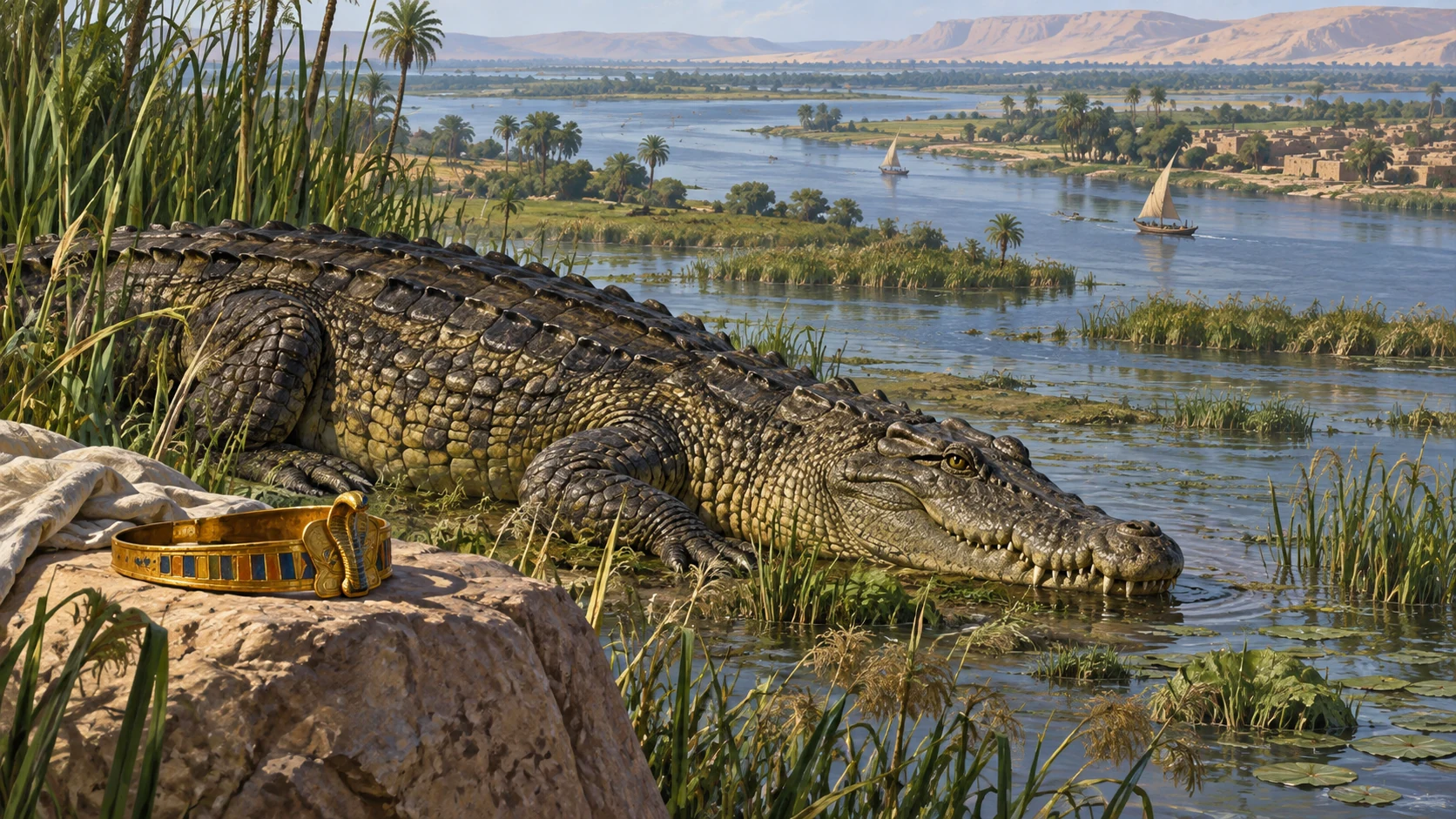 A Nile crocodile rests beside a small royal diadem on the riverbank.