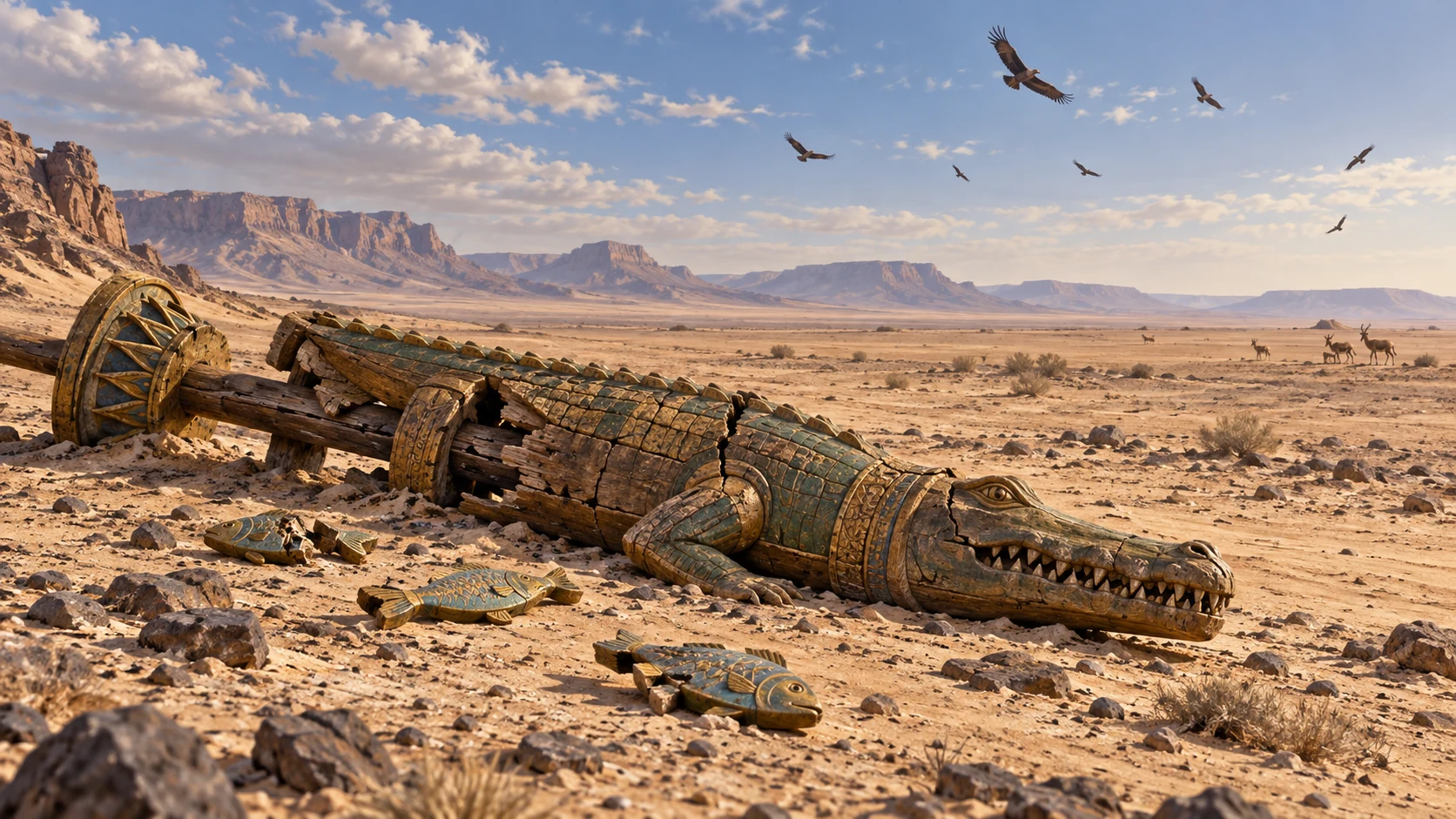 A fallen crocodile-shaped standard and carved fish lie in a dry wilderness.