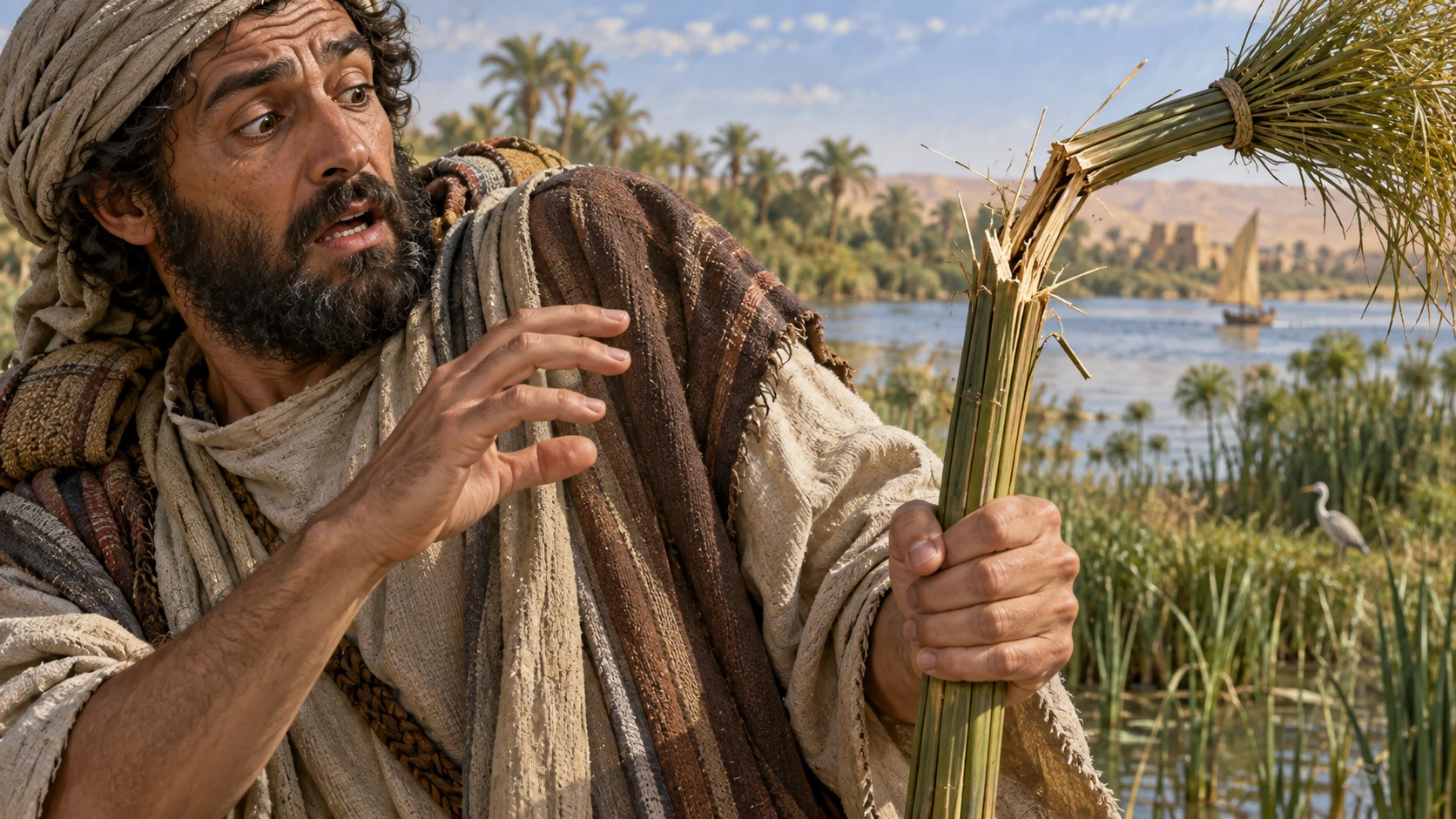 An Israelite traveler recoils as a reed staff splinters in his hand.