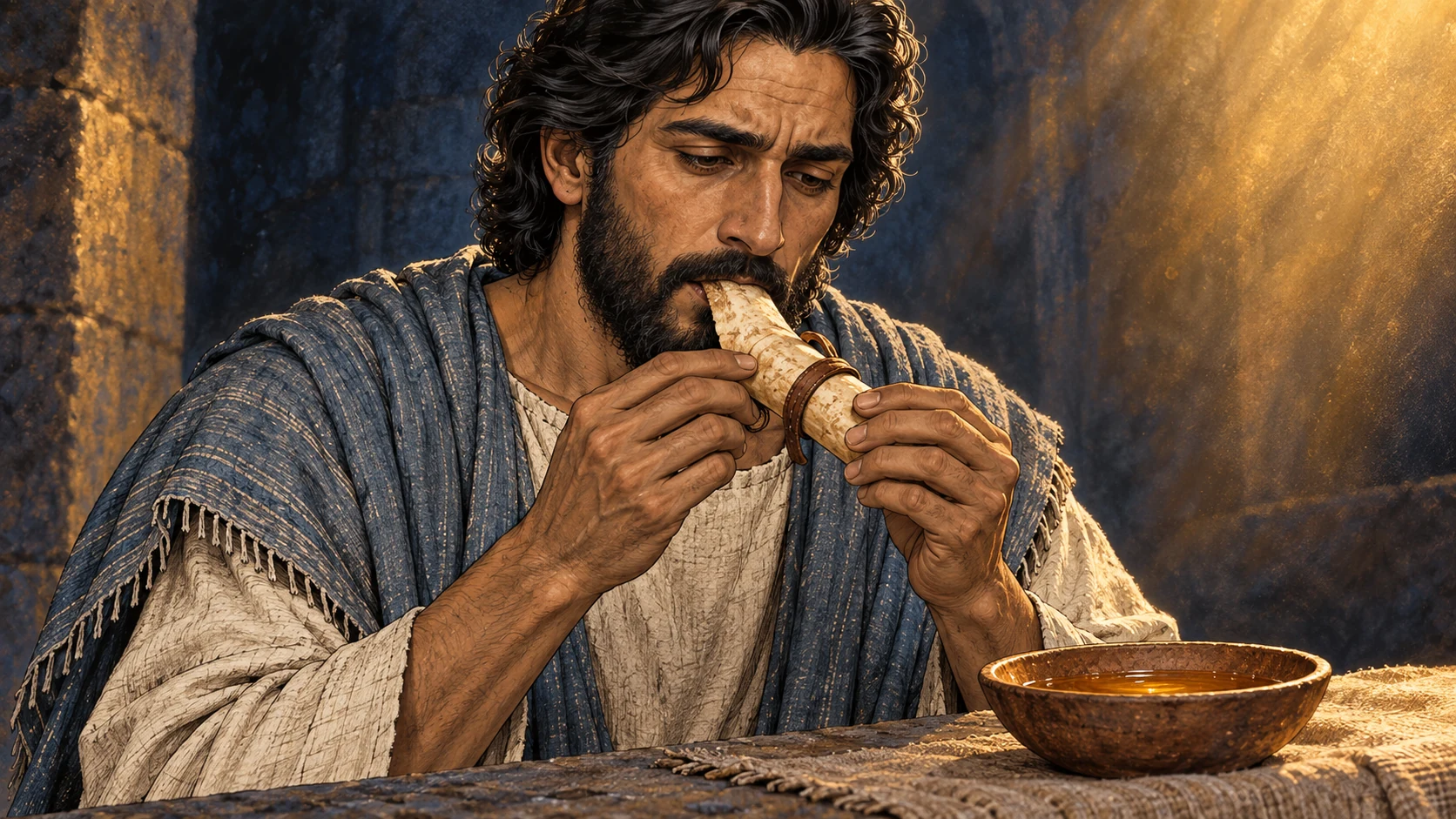 Ezekiel eats the offered scroll, and its taste is sweet like honey.