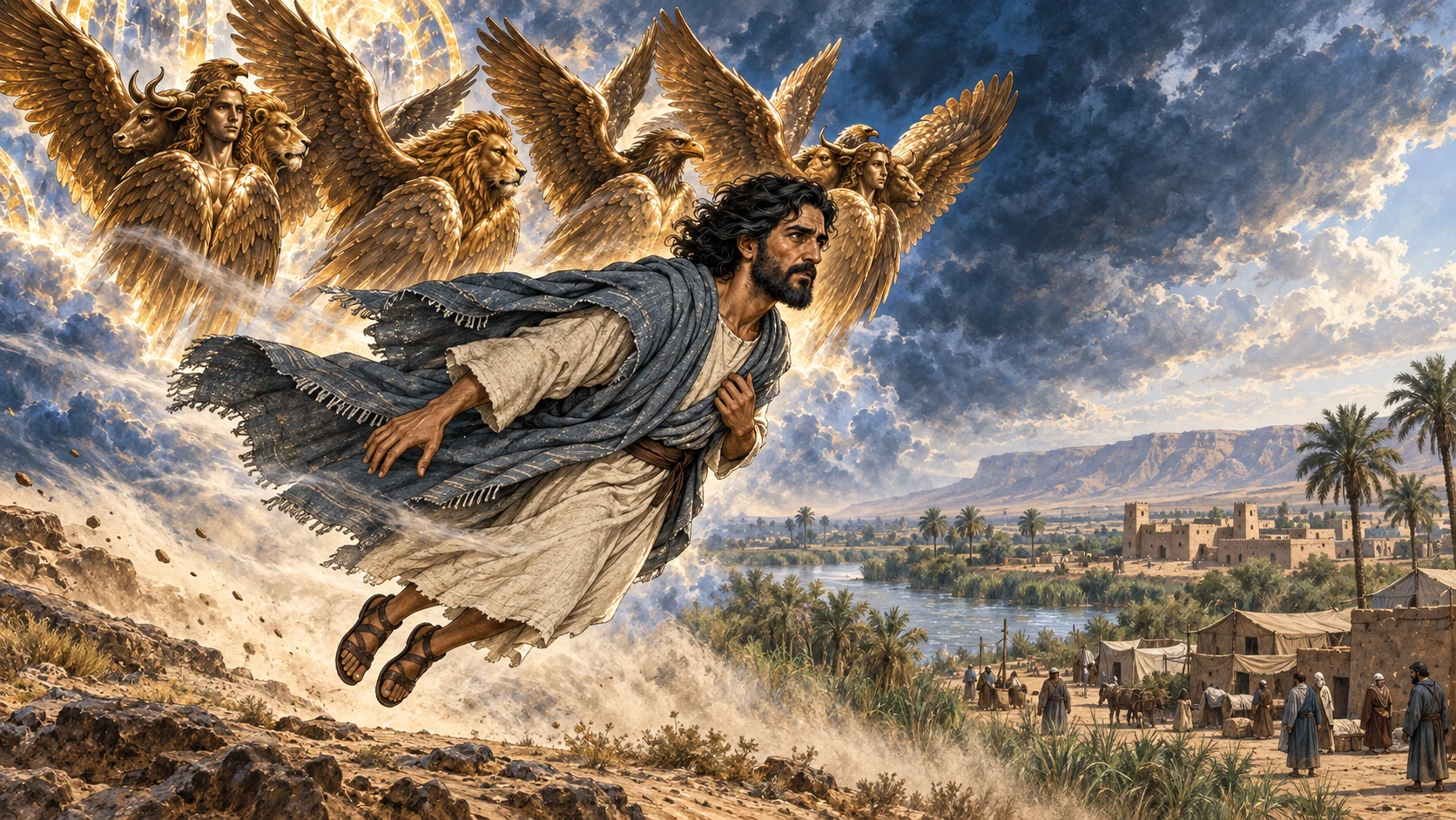The Spirit carries Ezekiel from the thunderous vision toward the exiles at Tel Abib.