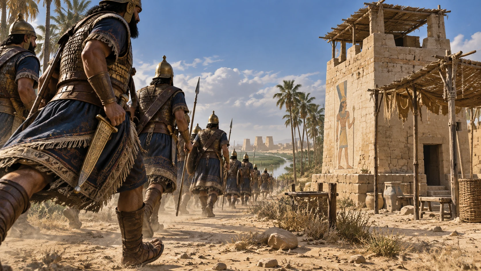 Babylonian soldiers cross an empty Egyptian border post.