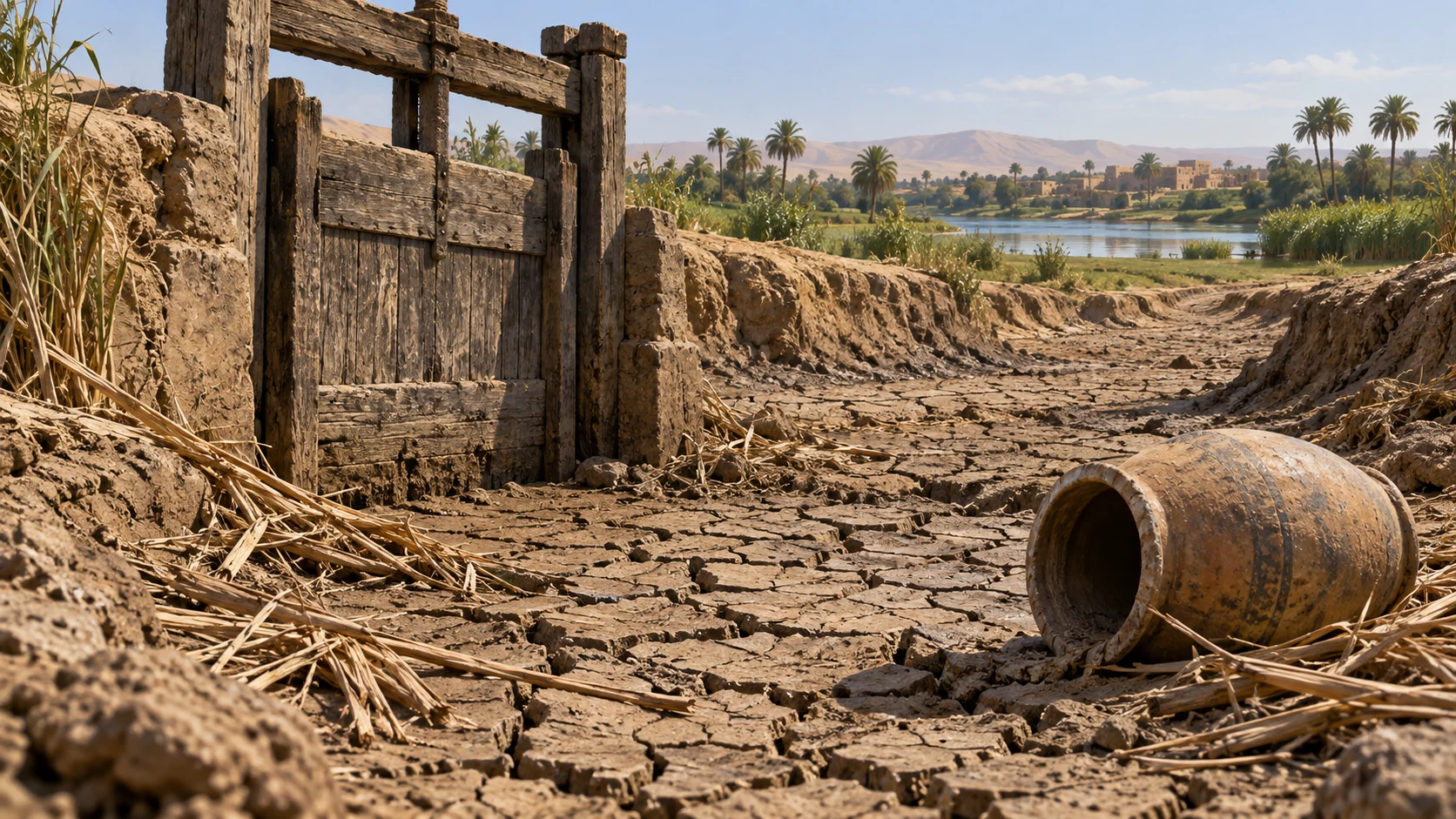 Cracked mud fills an abandoned Nile irrigation channel.