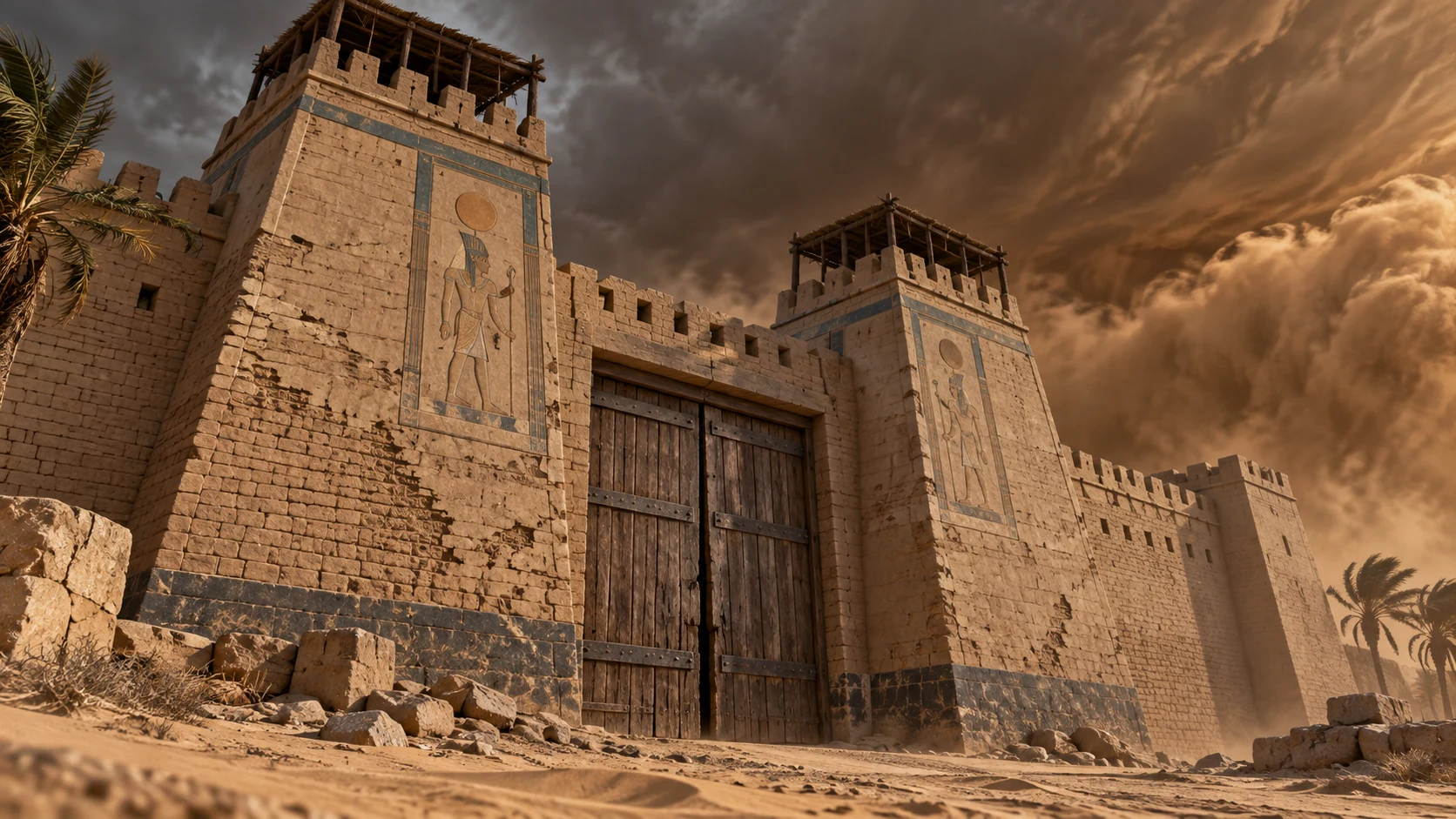 A cracked frontier gate stands beneath gathering dust.