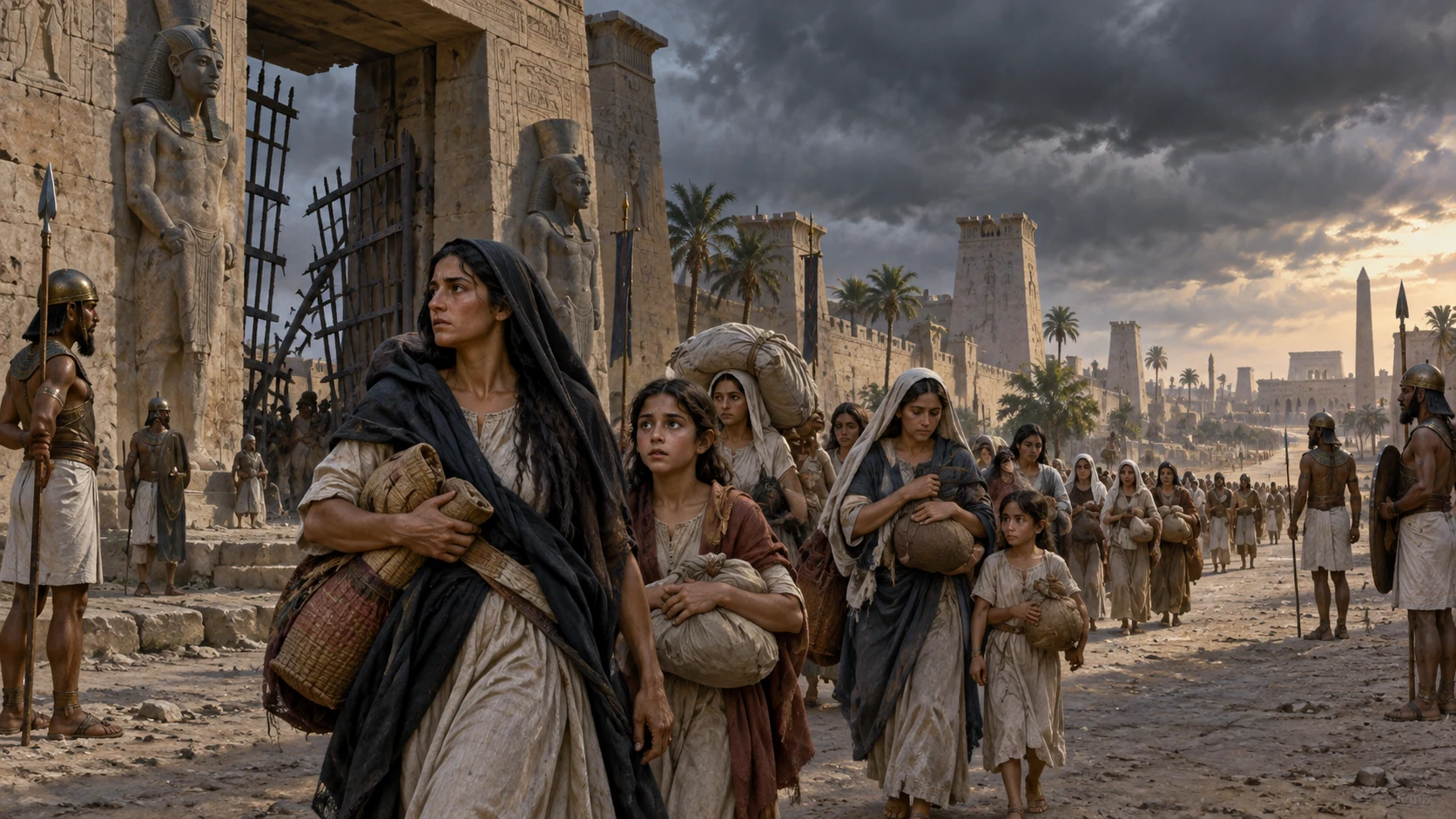 Women depart Tahpanhes beneath cloud as its gate bars fail.
