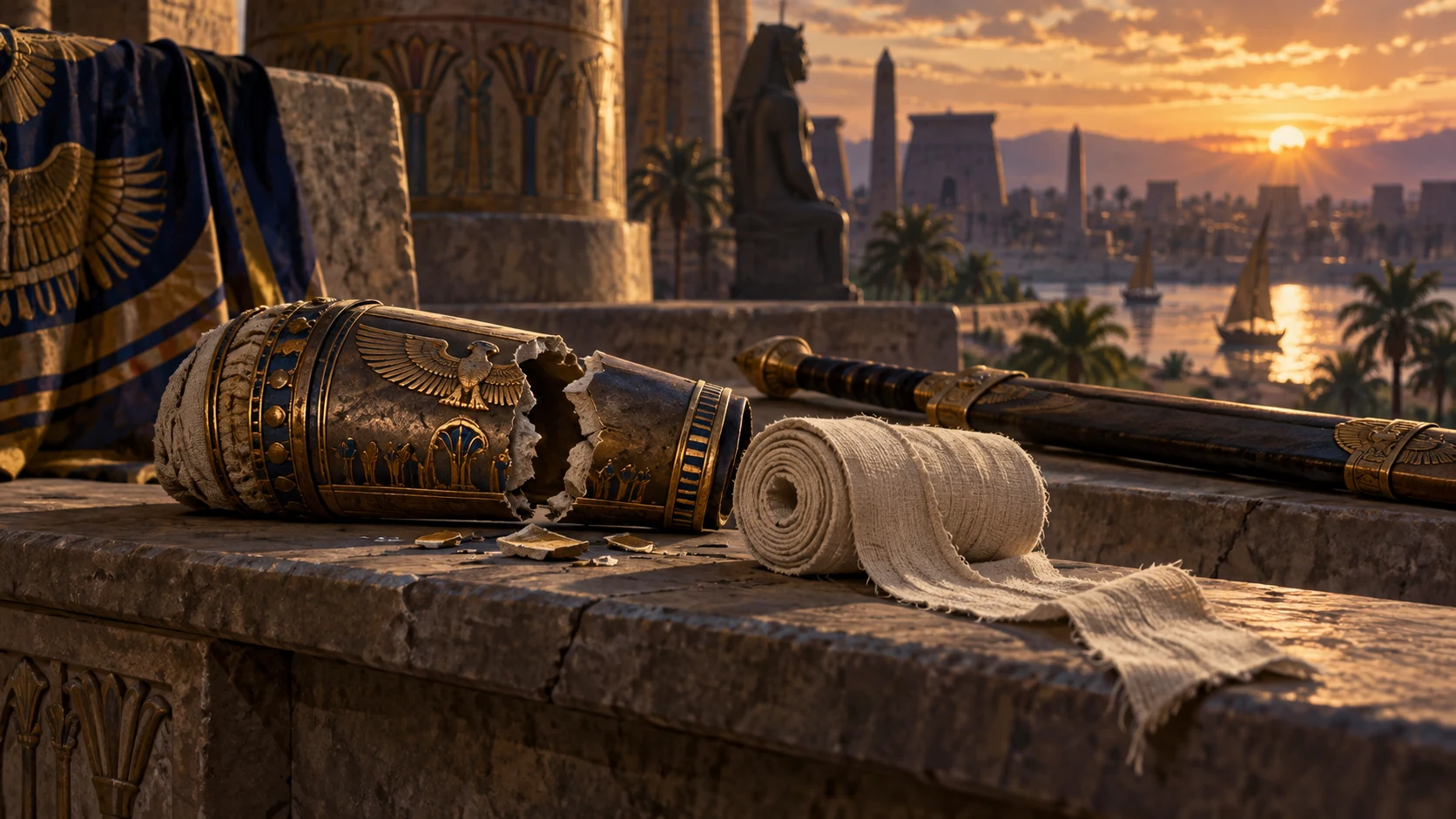 A fractured royal brace lies unbound beside unused remedies.