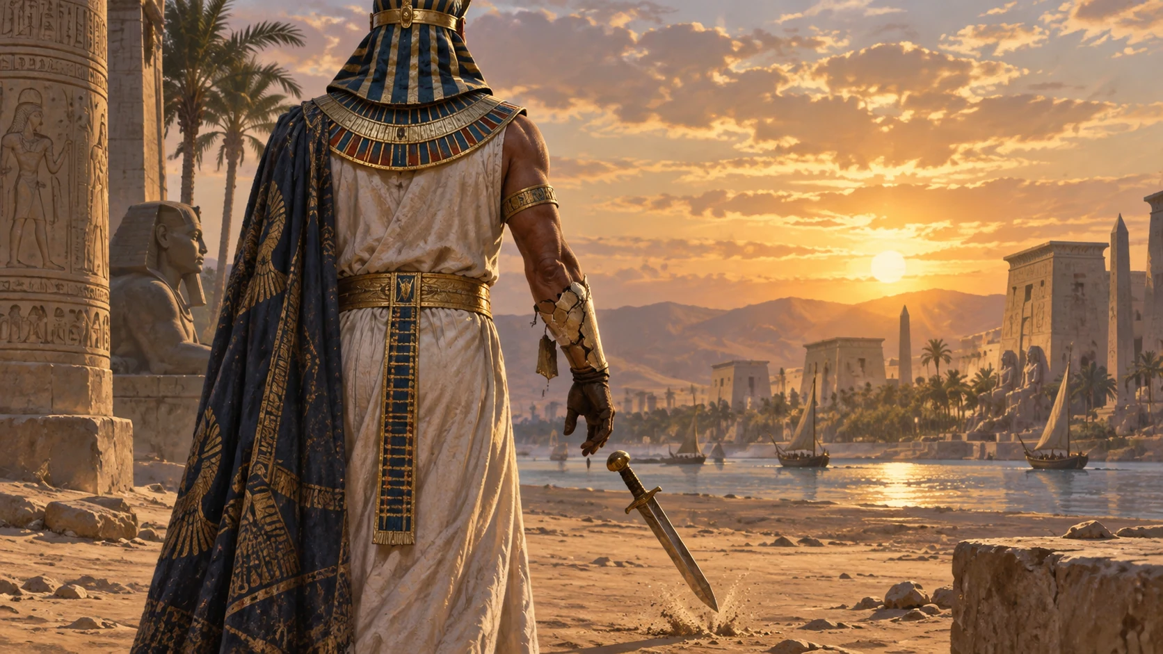 A ruler’s sword slips from his lowered hand onto the ground.