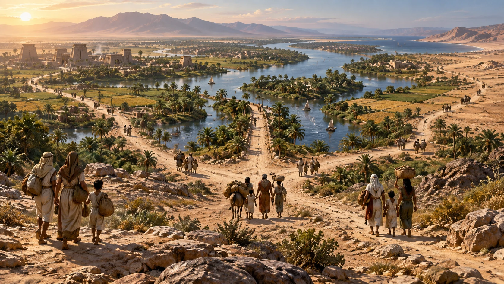 Families move along separate roads away from the Nile.