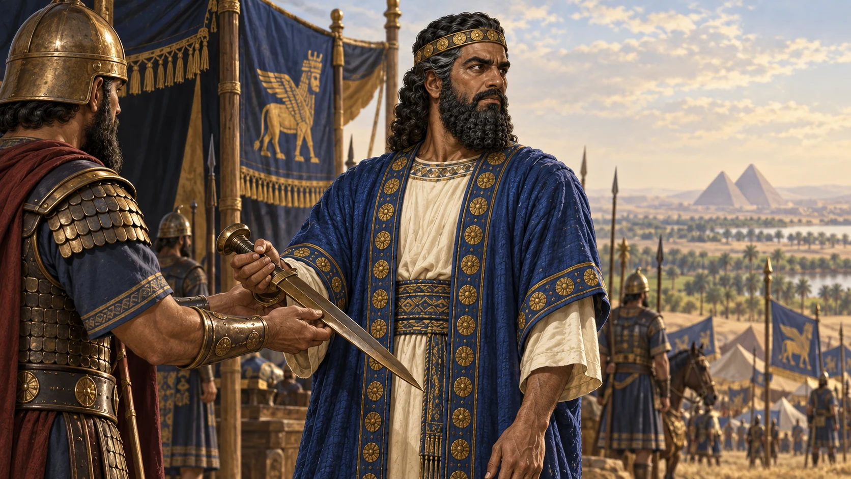 Nebuchadnezzar receives a sword while facing Egypt’s frontier.
