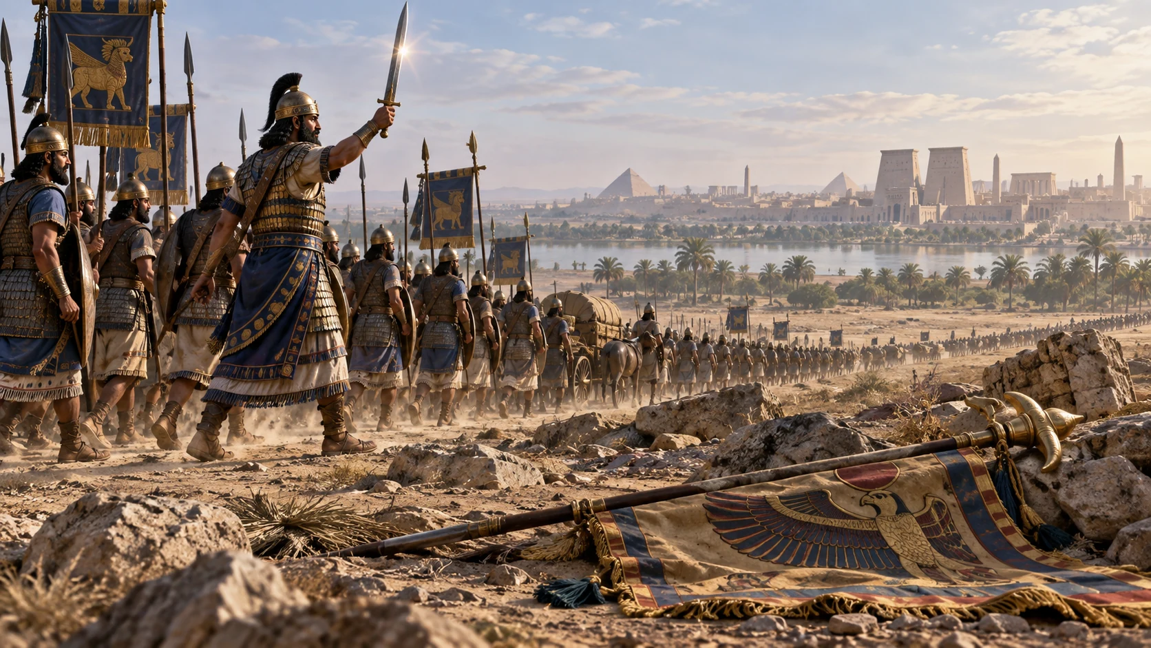 Babylonian ranks advance past a fallen Egyptian standard.