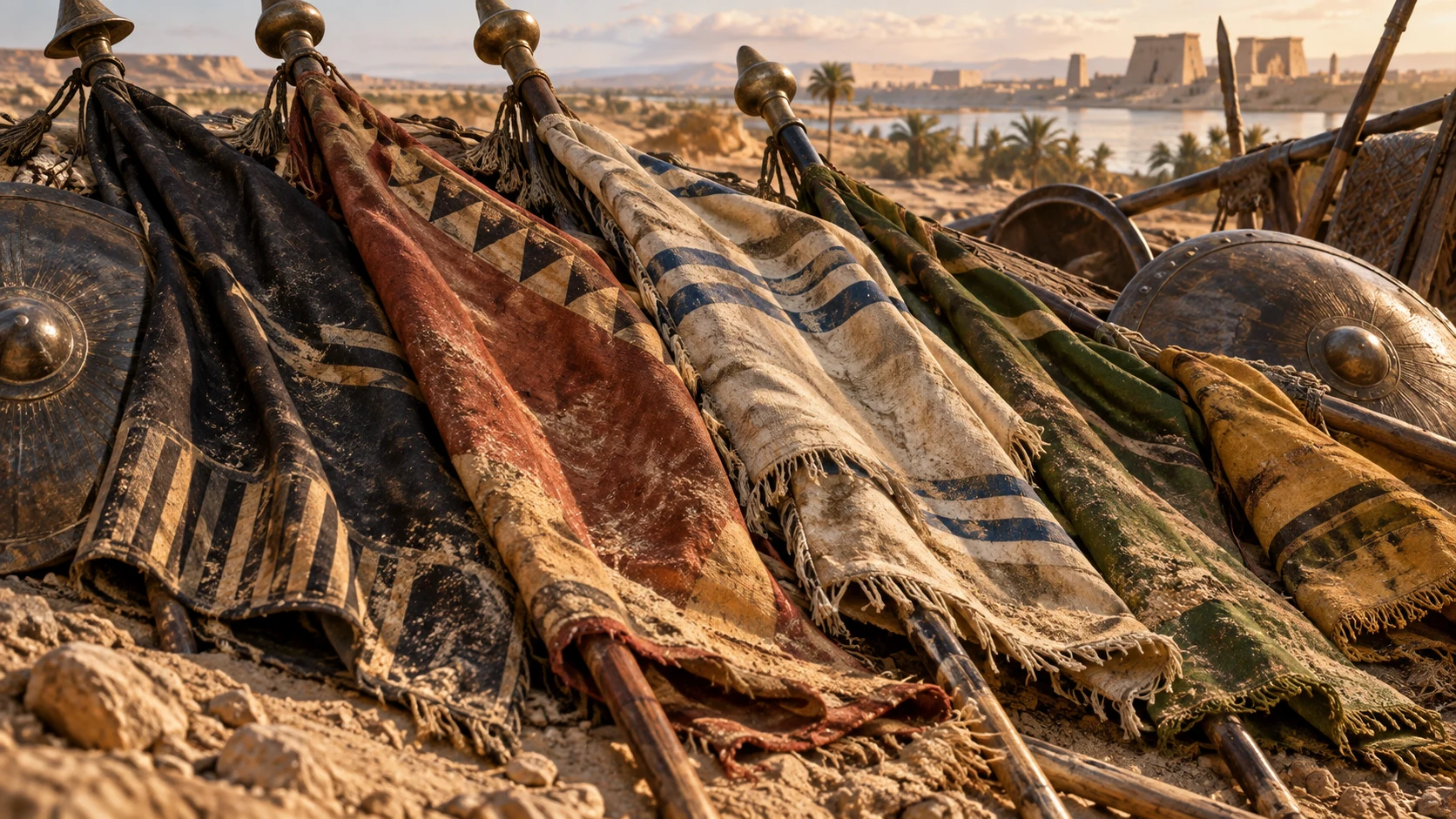 Folded standards and shields represent Egypt’s many vulnerable allies.