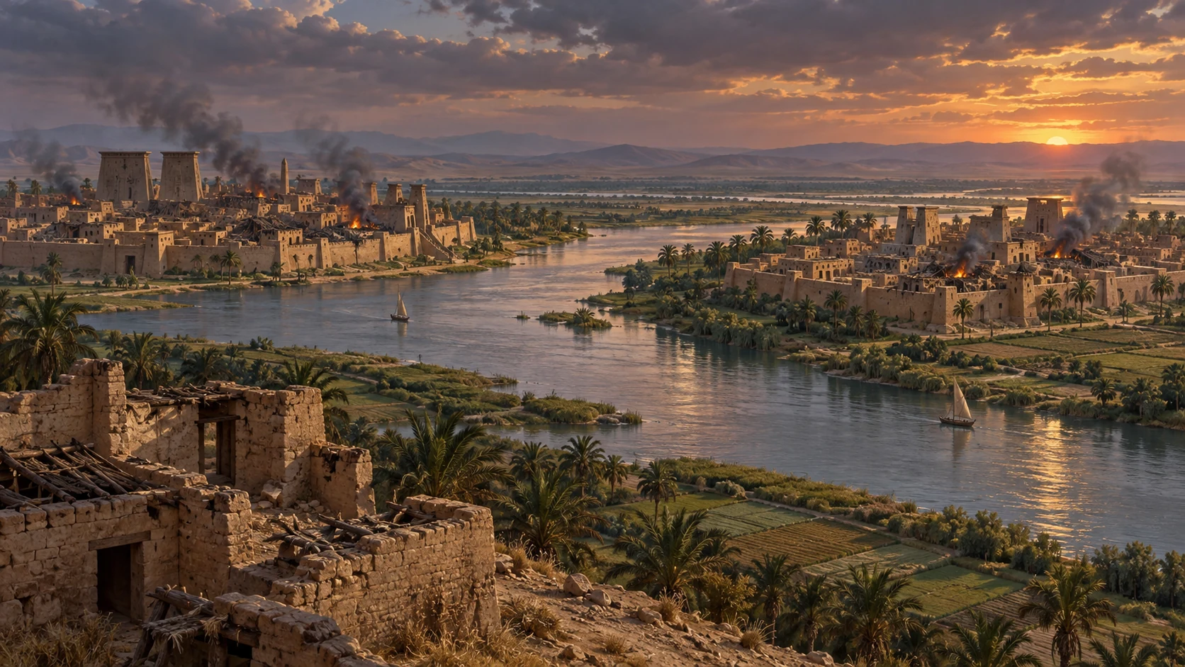 Two damaged Nile cities stand beneath smoke and deepening cloud.