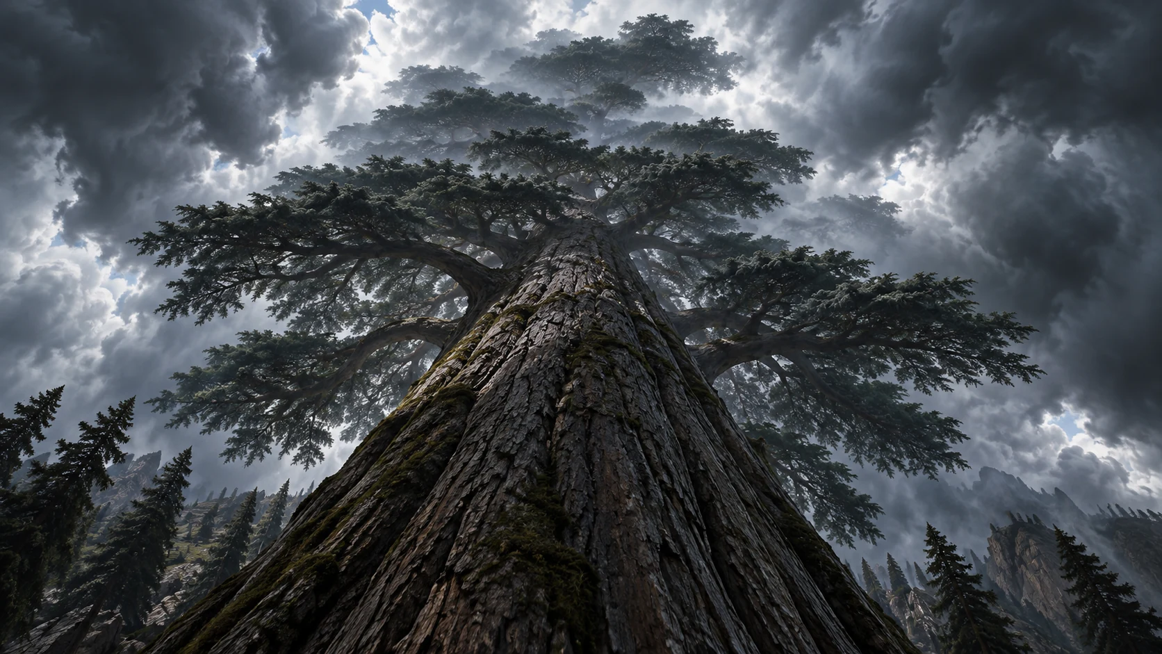 Dark clouds gather above the cedar’s high crown.