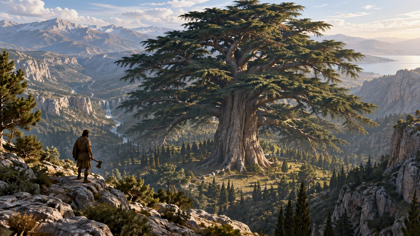 An anonymous axe-bearer approaches the distant great cedar.