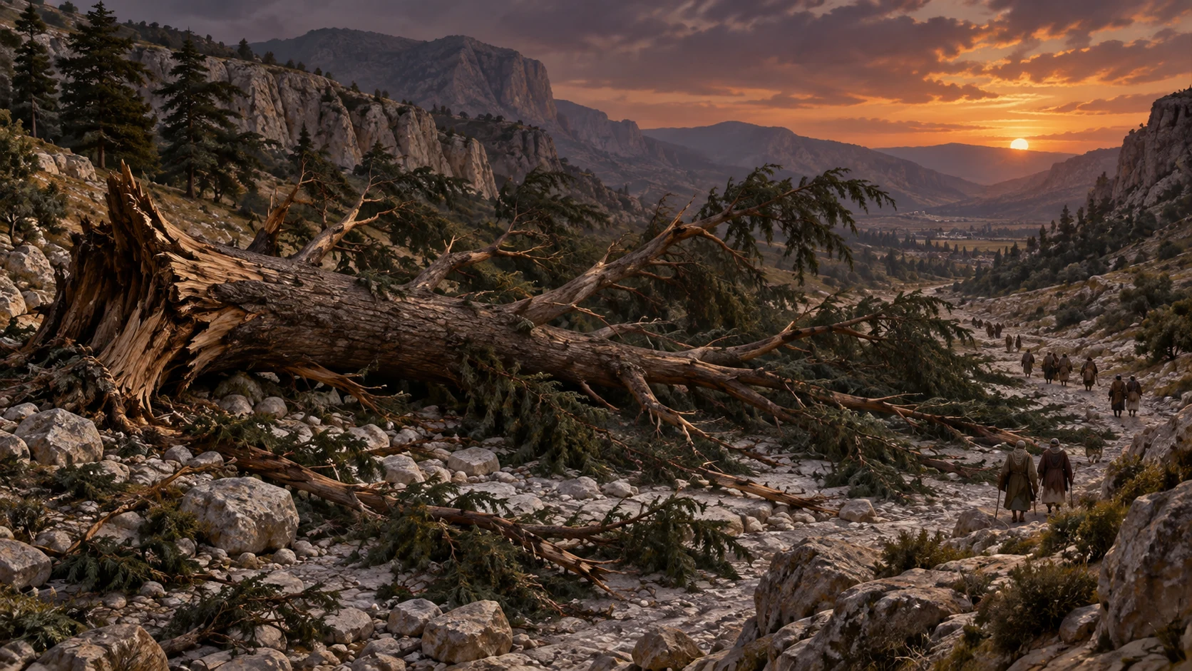A fallen cedar lies across the valley as people leave.