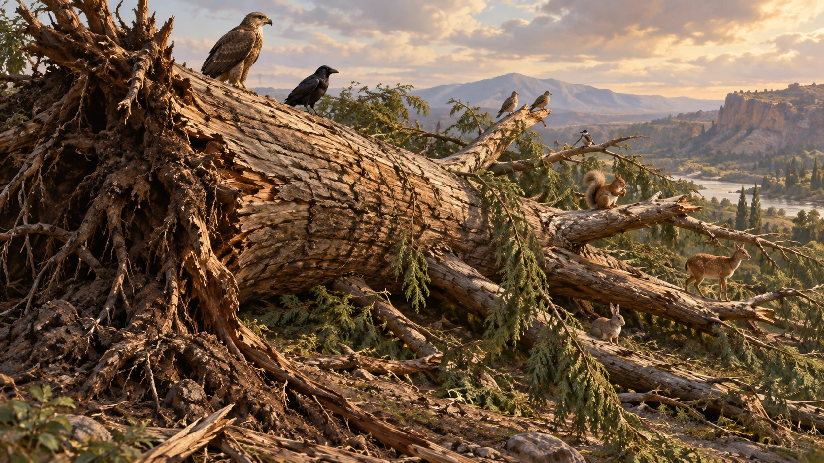 Birds and small animals settle on the fallen cedar.
