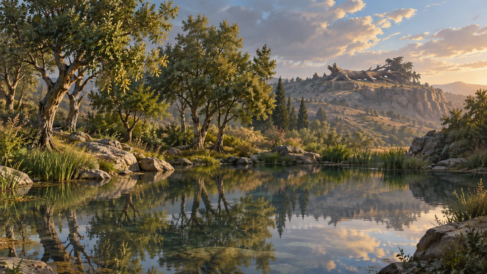 Ordinary trees reflect in water below a distant fallen cedar.