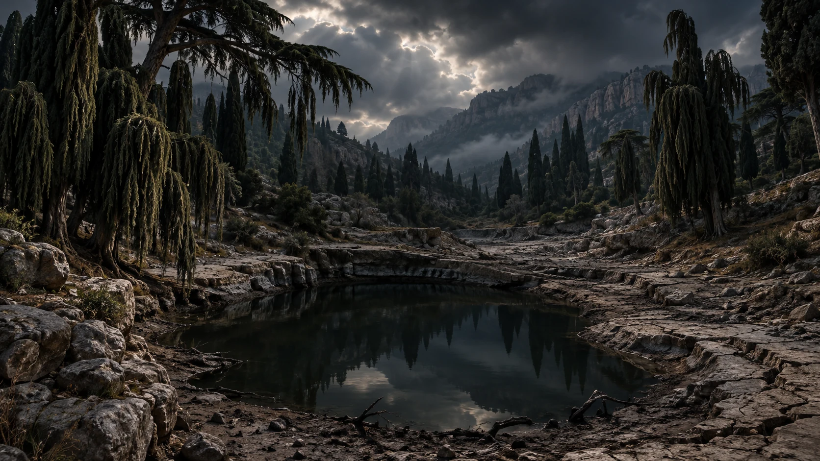 A dark still basin remains where channels once flowed.