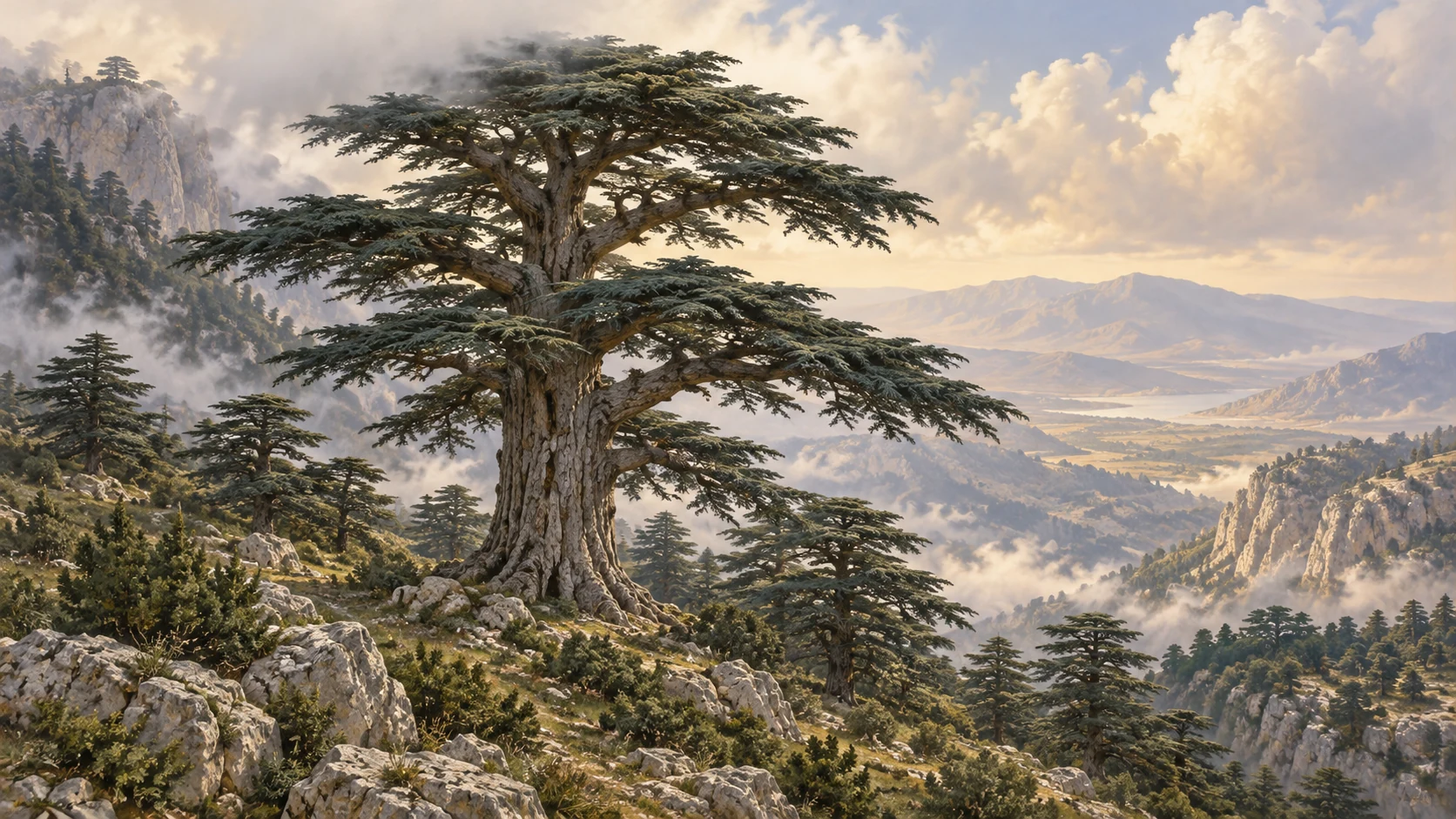 A broad-tiered cedar rises above smaller trees on a mountain.