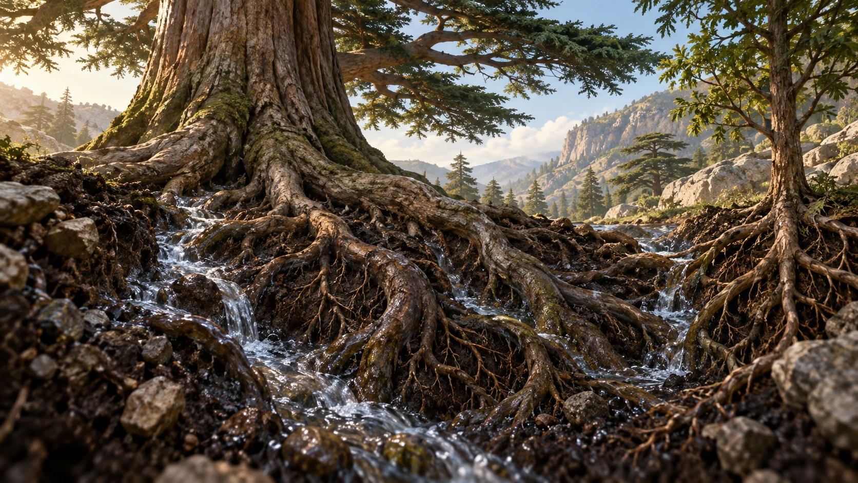 Water moves among the cedar roots and neighboring trees.
