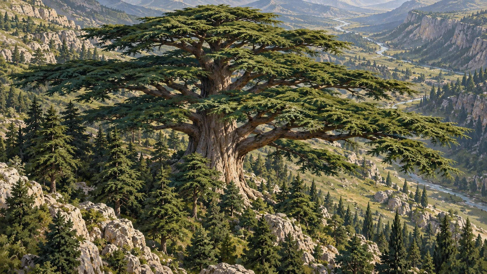 The cedar canopy extends across a valley beyond nearby trees.