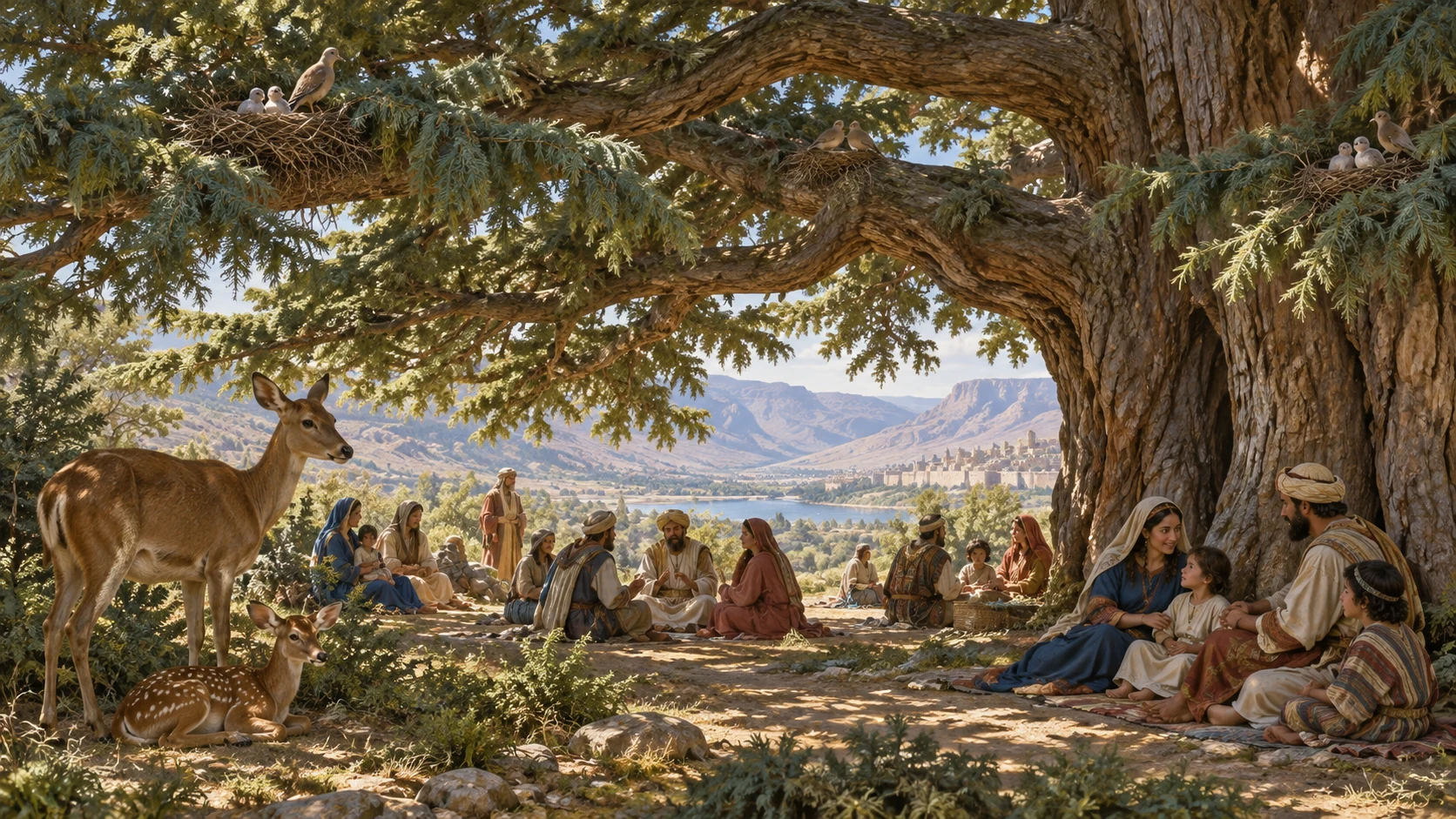 Birds, animals, and families shelter beneath the living cedar.