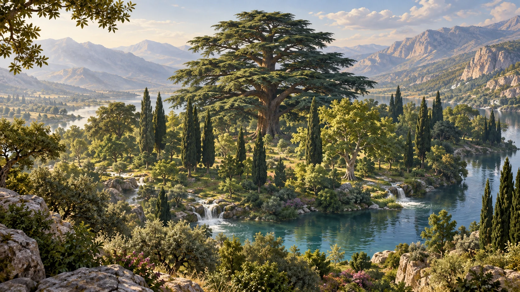The cedar stands above other trees in a symbolic garden.