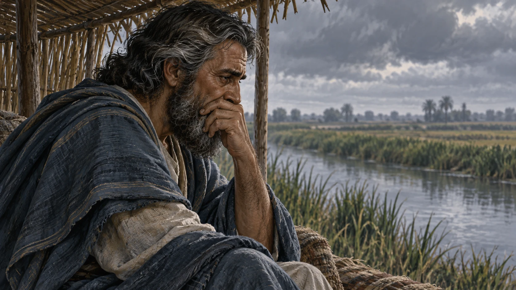 Ezekiel bows in grief beside an exile canal.