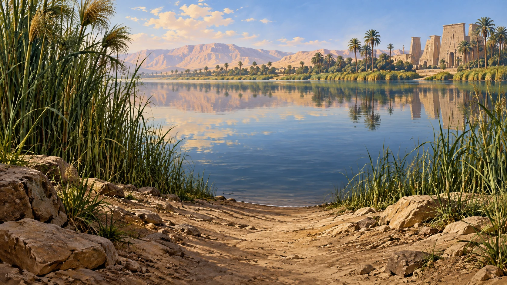 A vacant path reaches smooth, undisturbed river water.