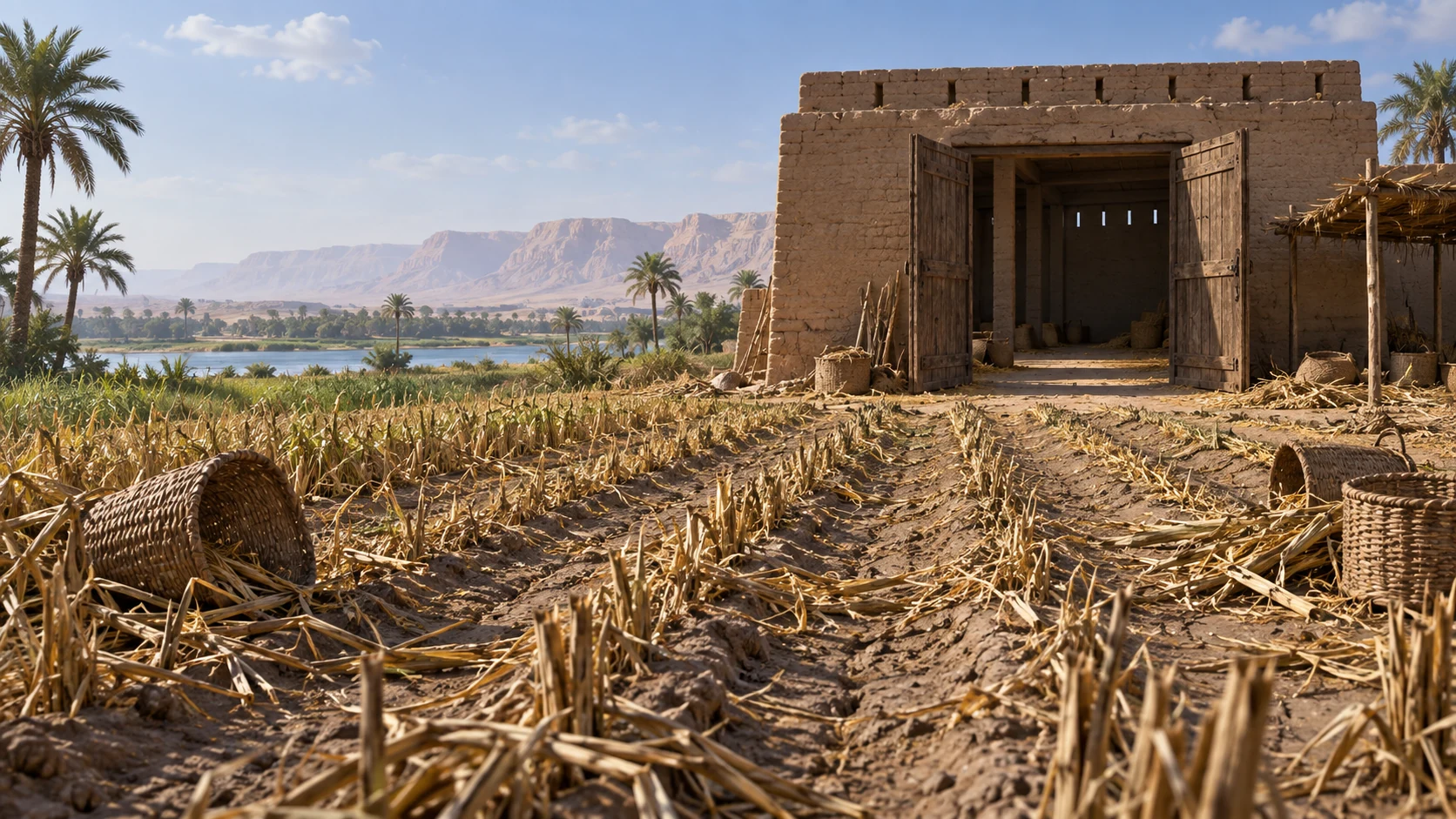 An empty storehouse faces vacant Egyptian fields.