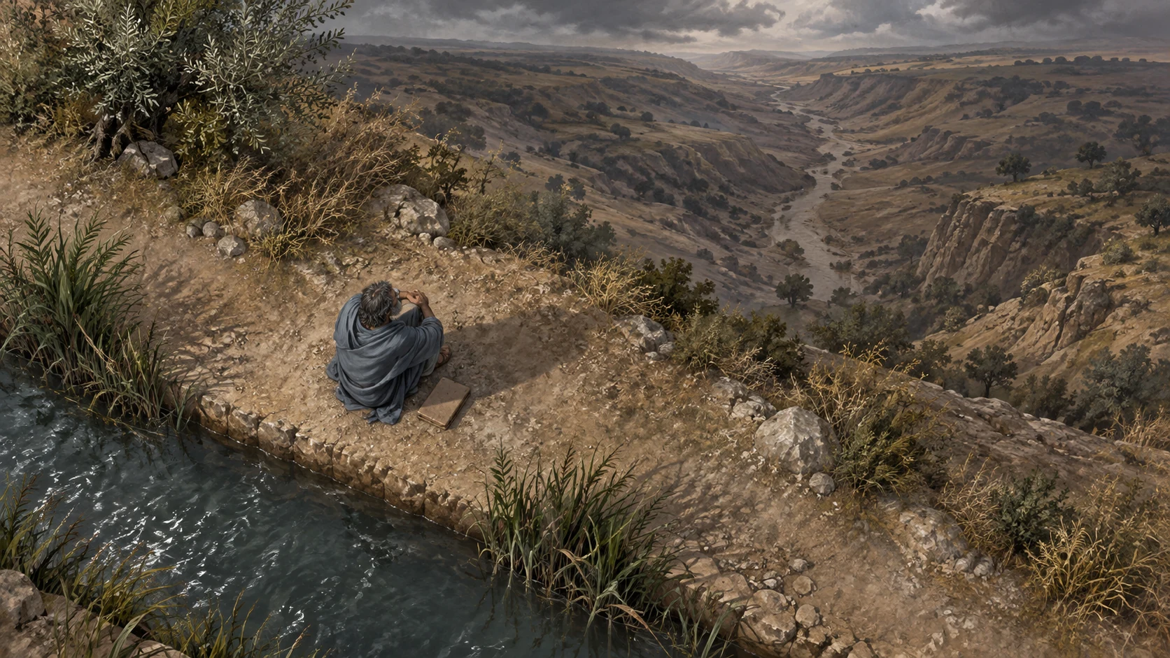Ezekiel sits above a valley beside the exile canal.