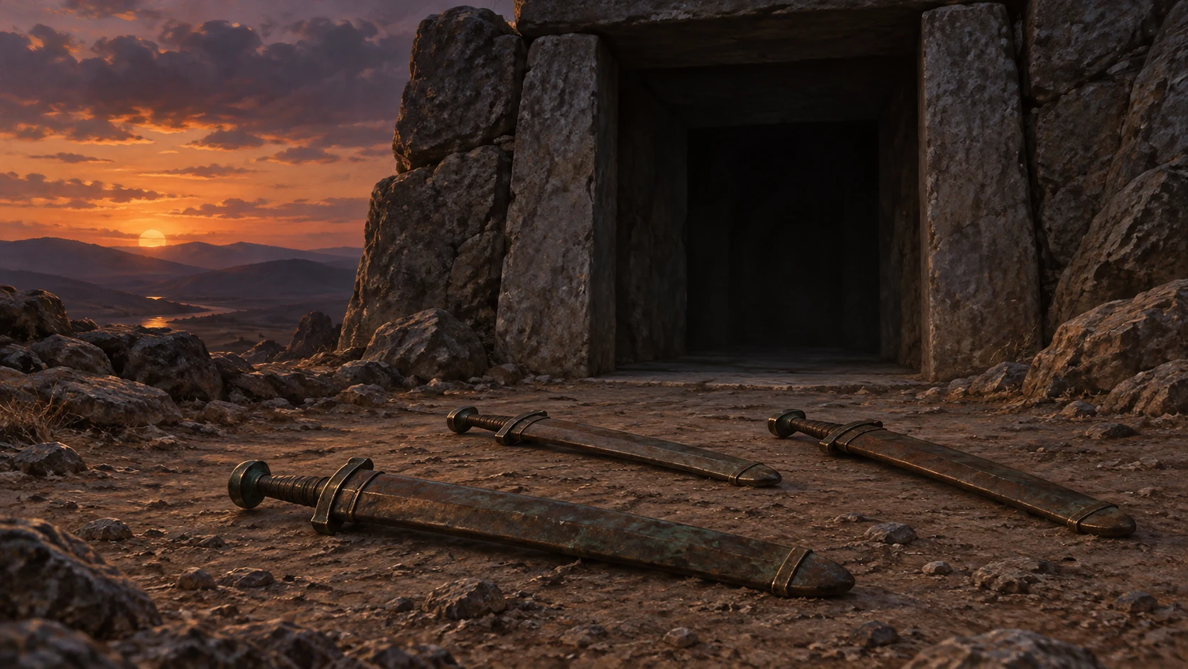 Three plain sheathed swords lie before an empty stone threshold.