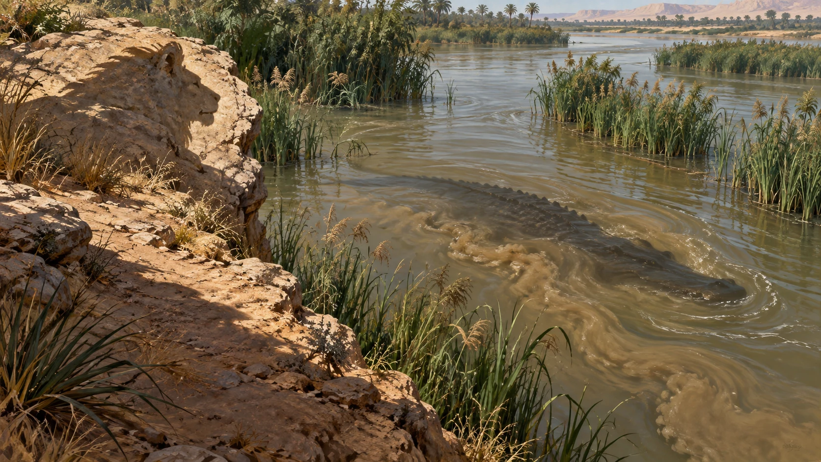 A submerged dark shape disturbs muddy river water beside a lion-shaped rock.