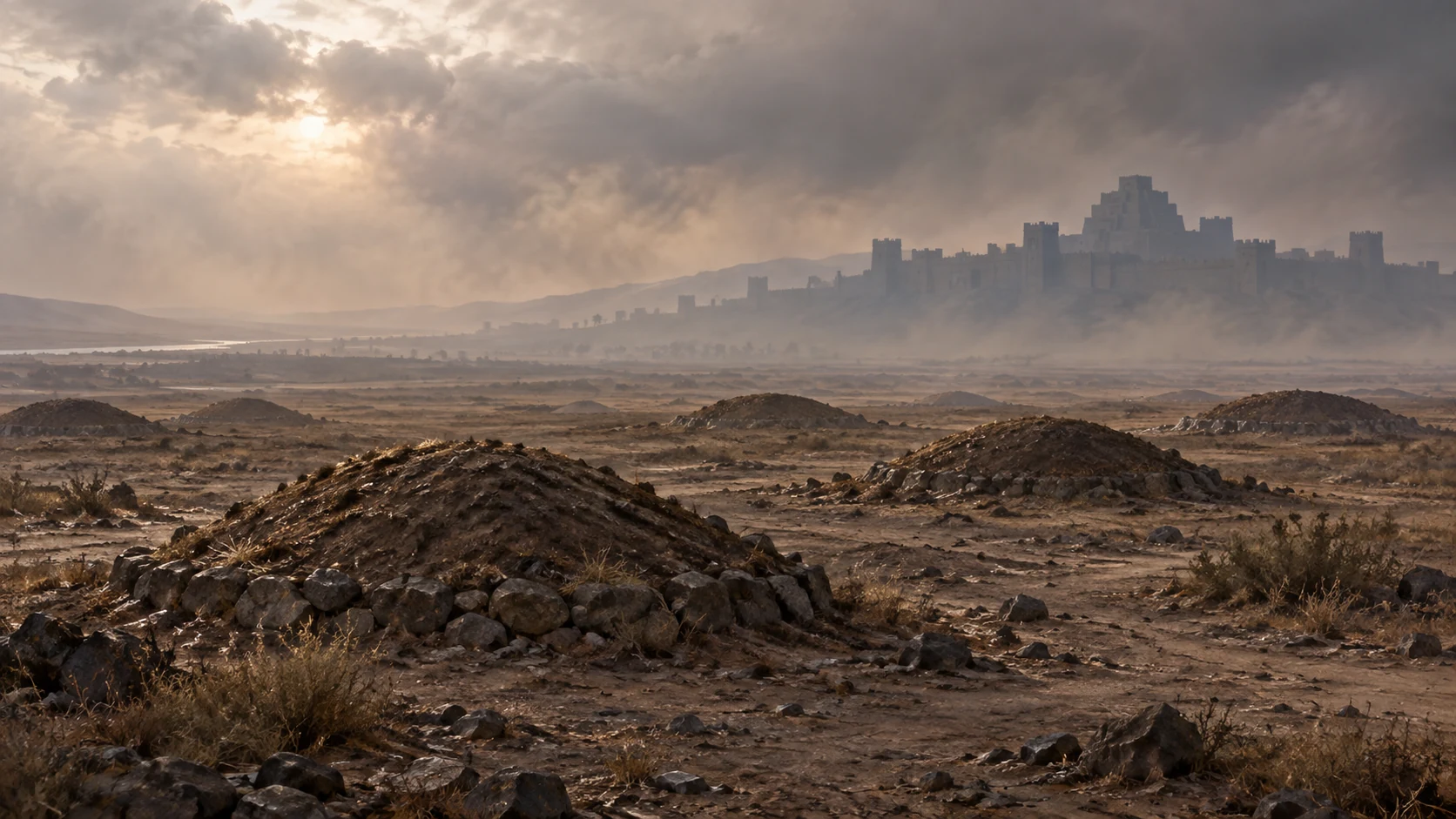 Low mounds stand before a distant Assyrian-style citadel.