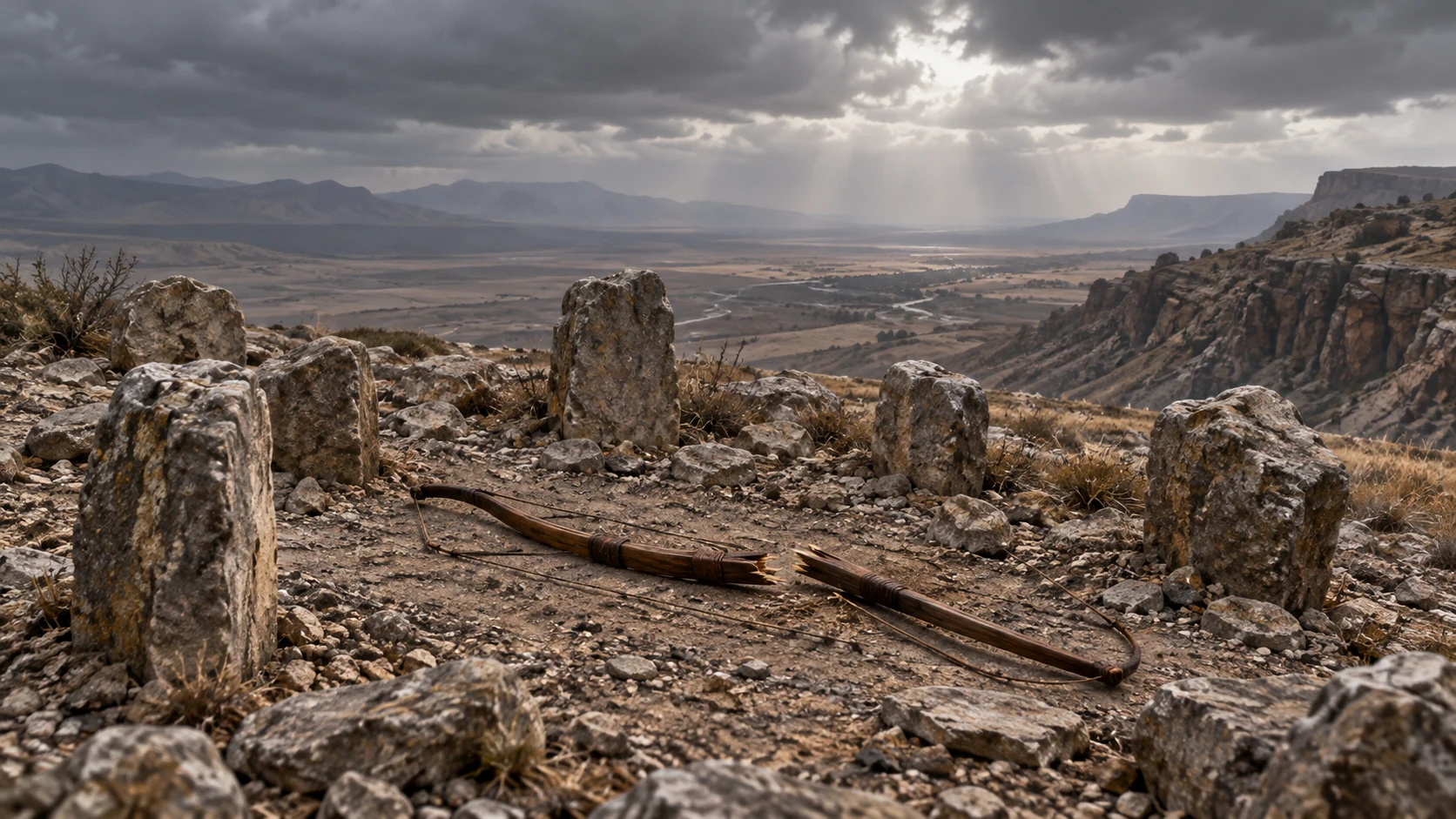 A broken bow rests among small stones on a barren plateau.
