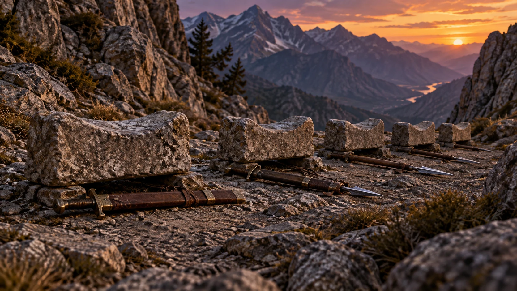 Plain weapons lie beneath empty stone headrests in a mountain pass.
