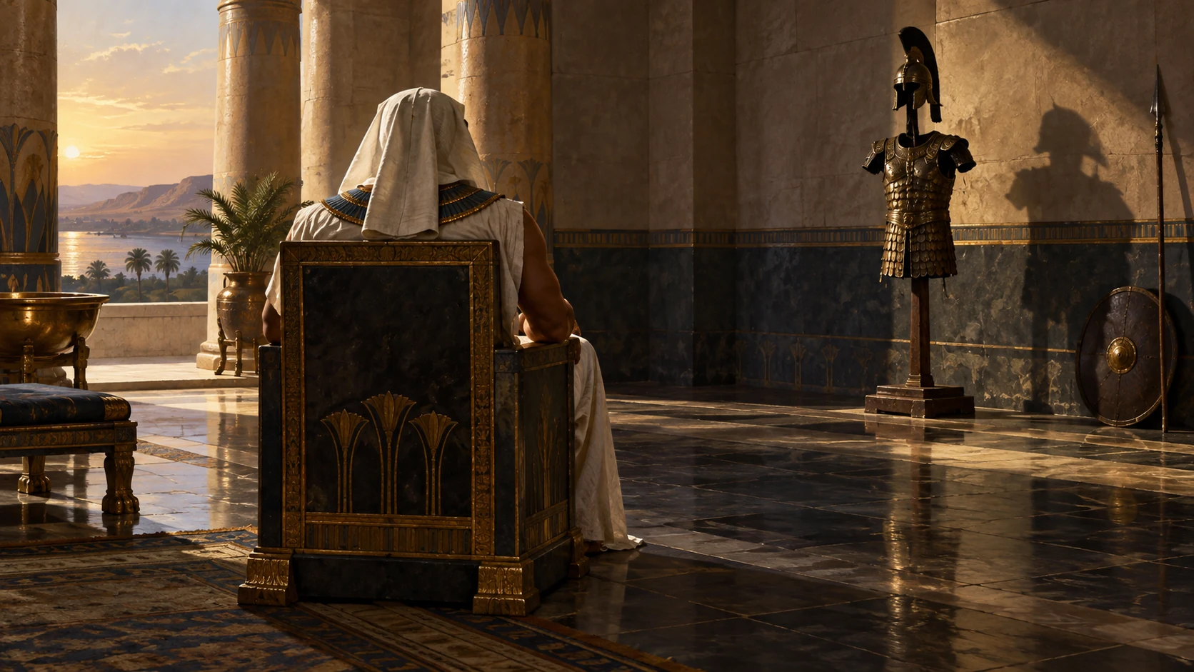 An unnamed Pharaoh sits alone near vacant armor.