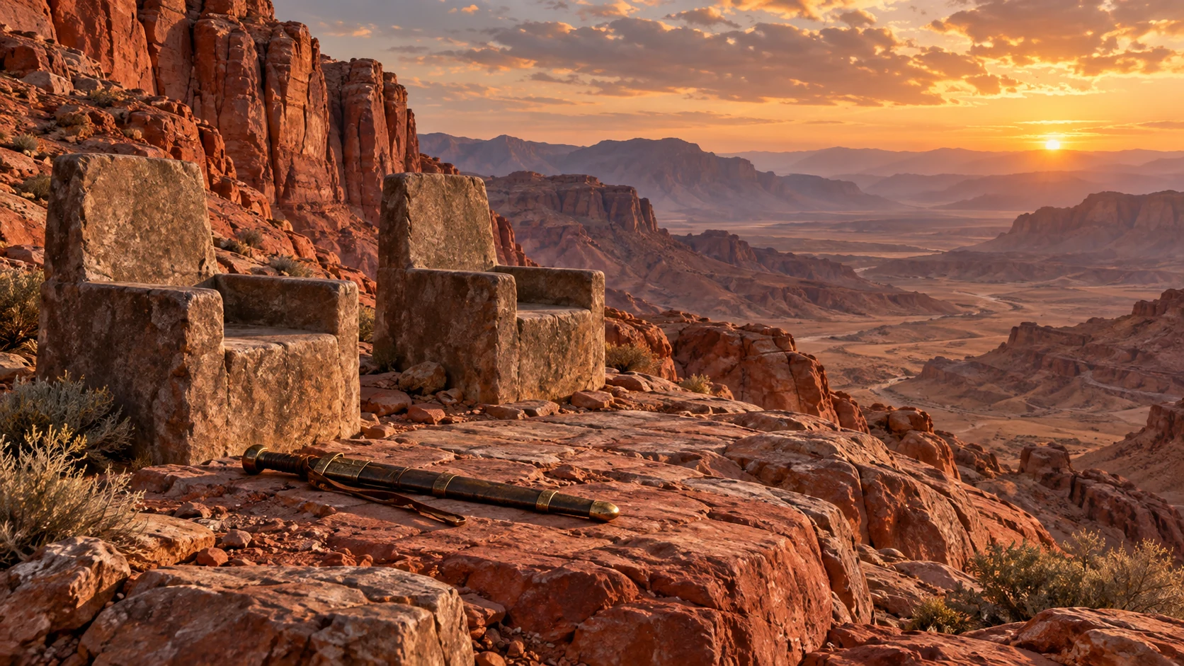 Two empty stone seats stand on a red-rock ridge.