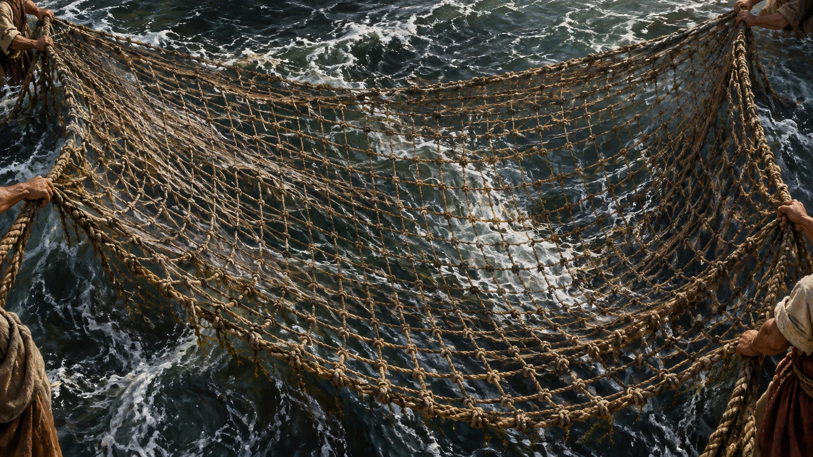 Hands spread a heavy net across turbulent water.