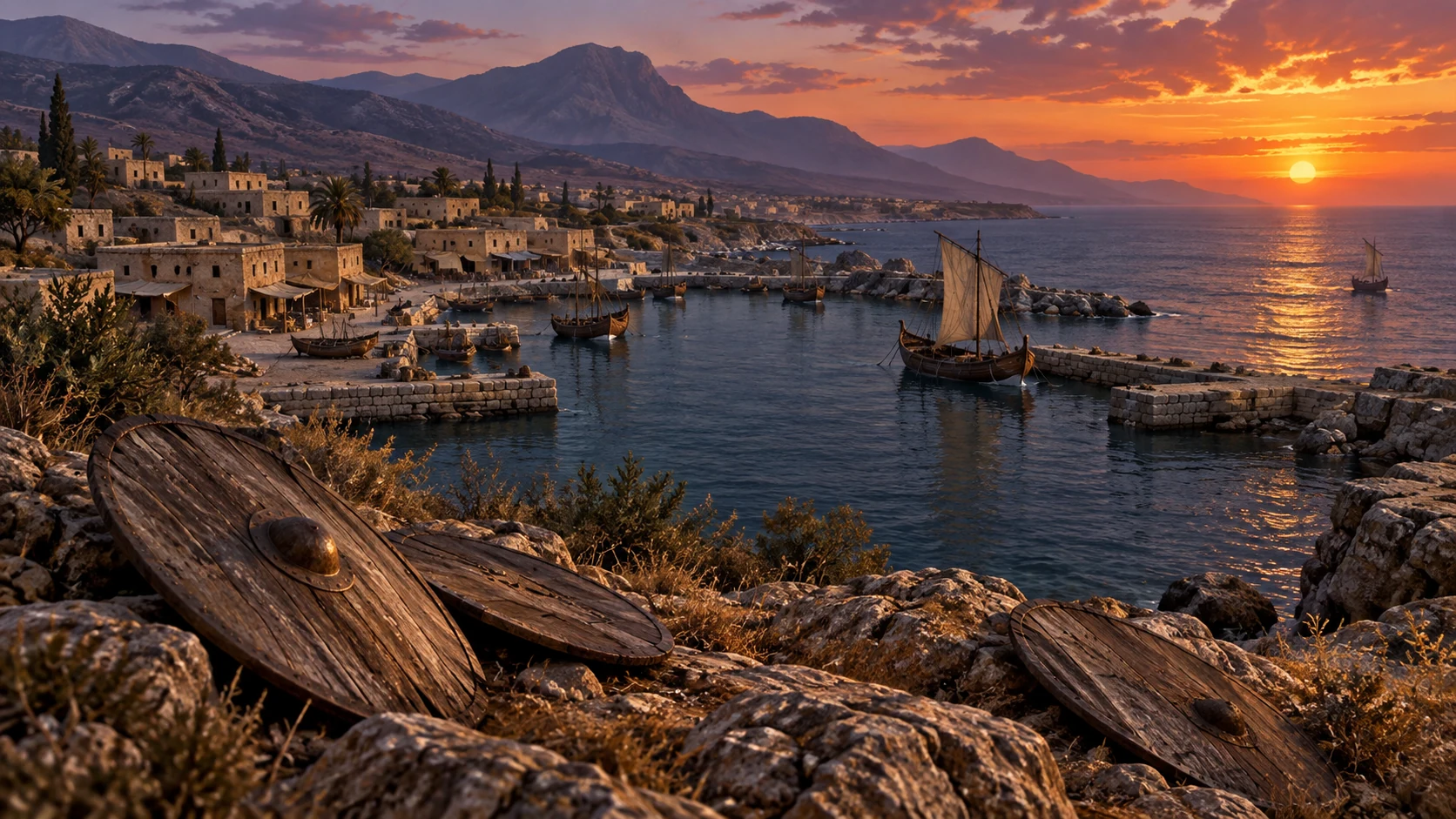 Discarded shields overlook a modest ancient harbor.