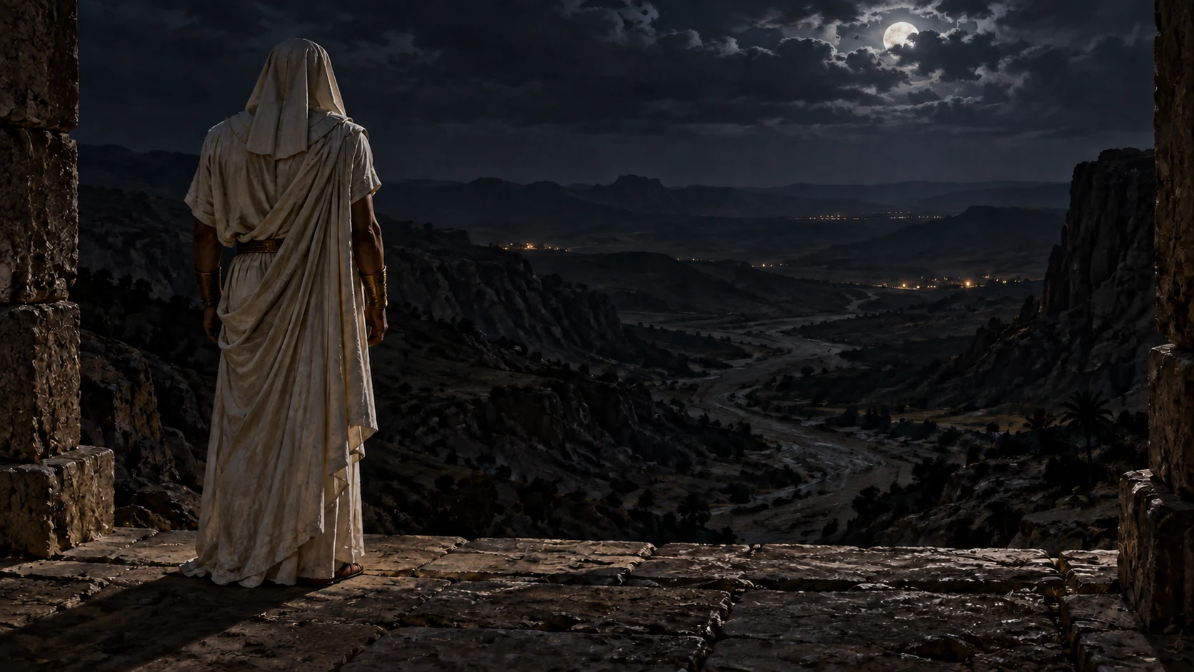 A lone Pharaoh faces a dark valley from a moonlit threshold.