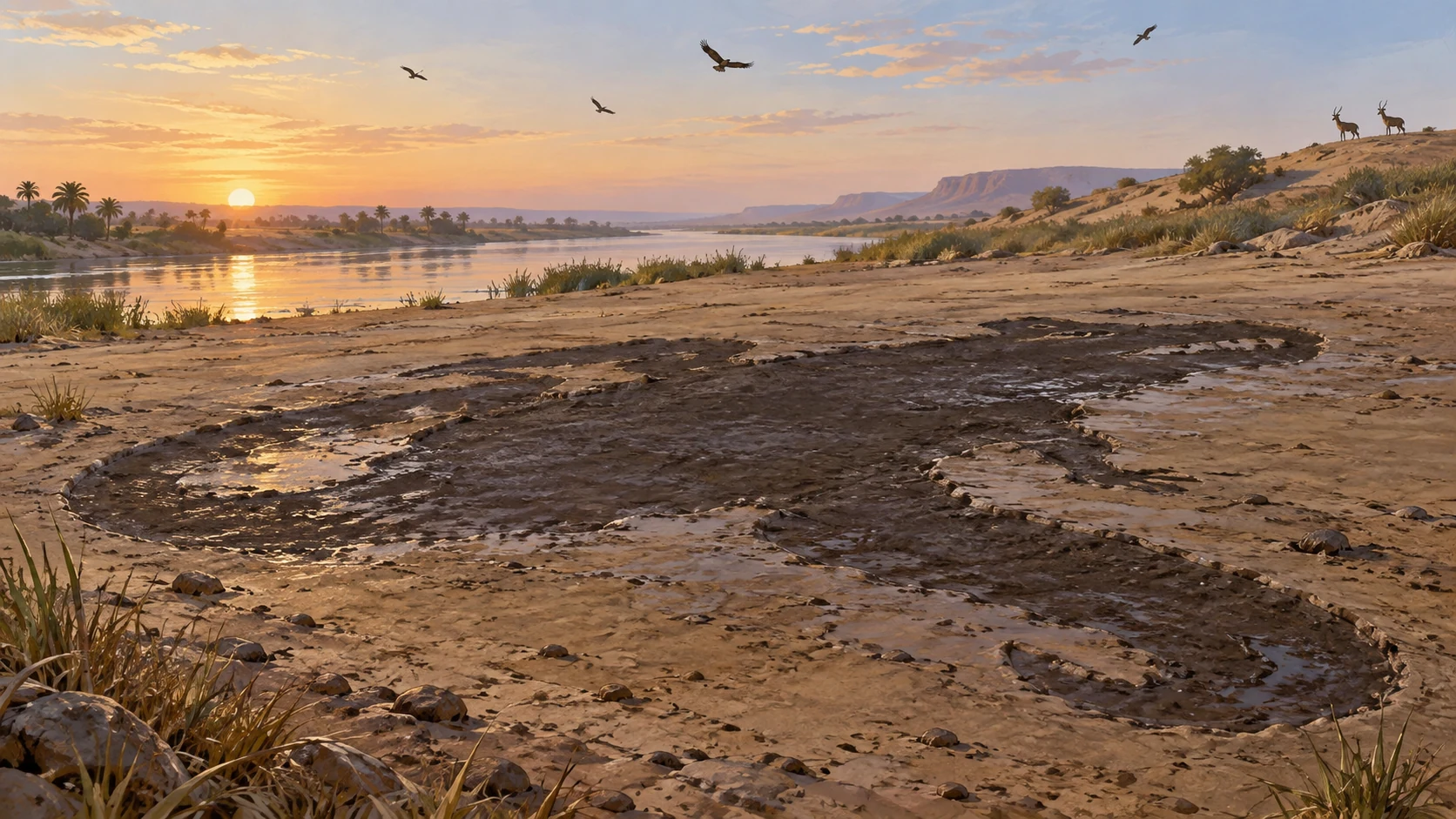 Birds circle a dark wet imprint on an open field.