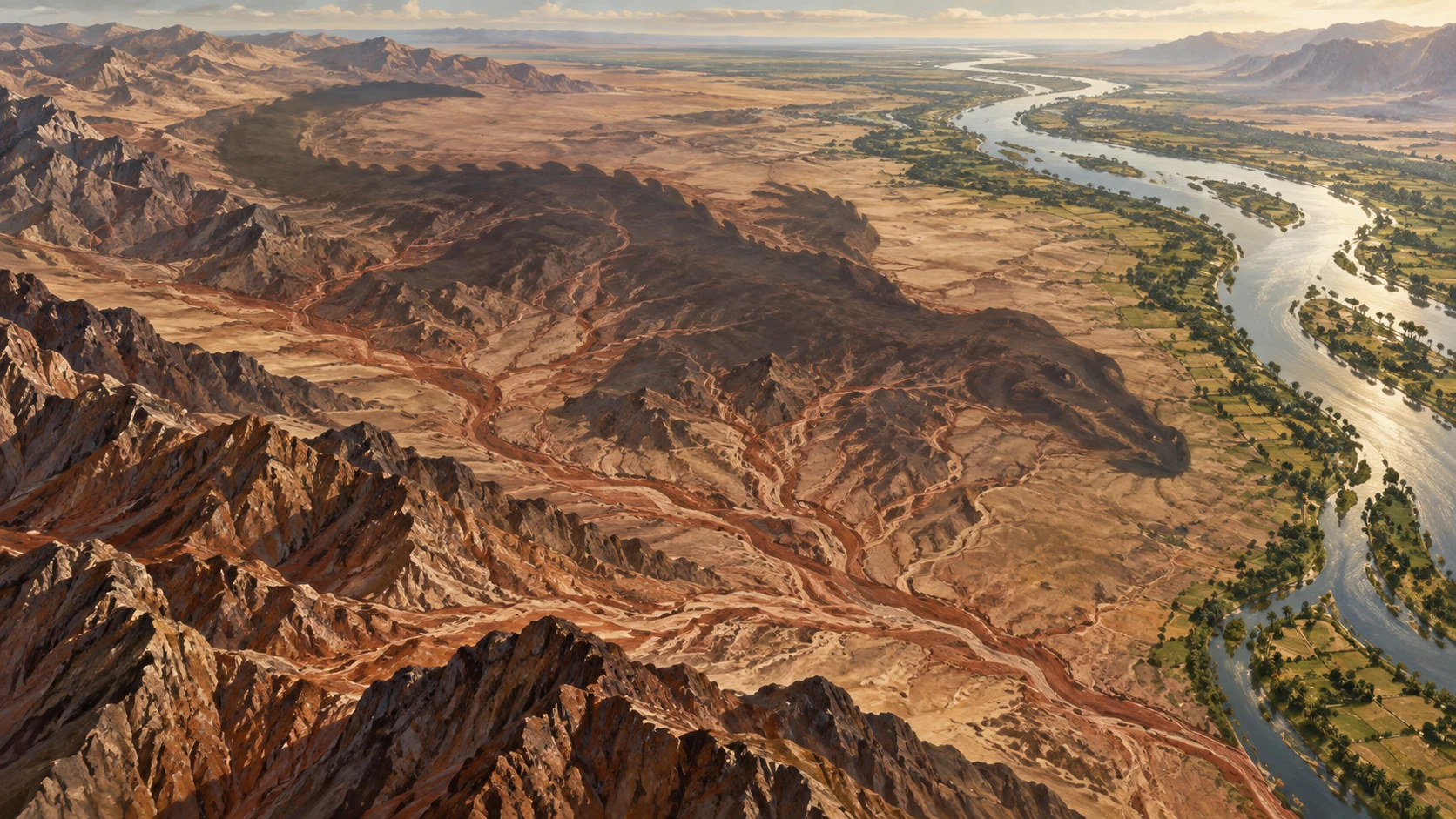 Sediment courses through mountain channels toward a river.