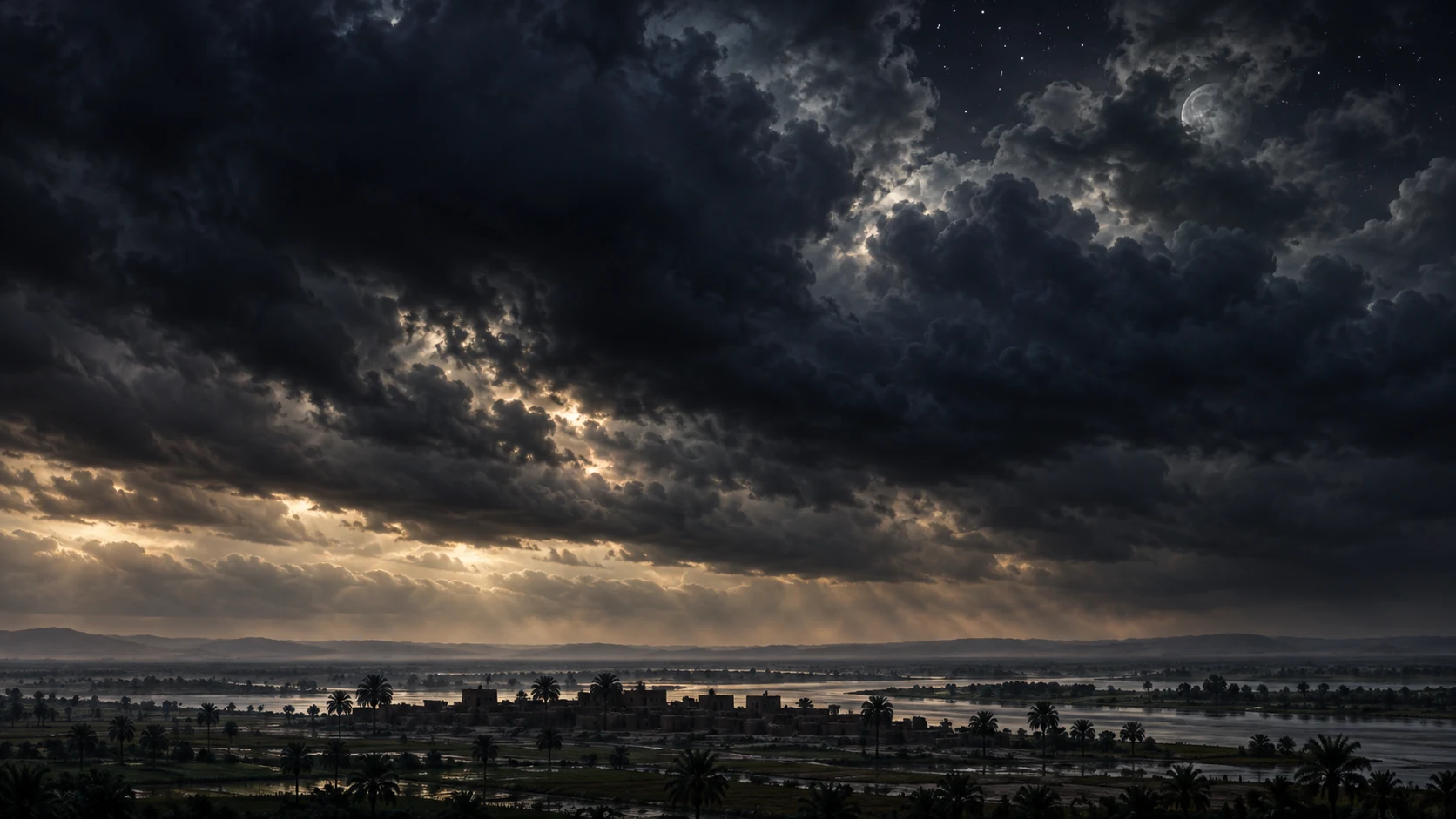 Clouds darken the sky above an Egyptian floodplain.
