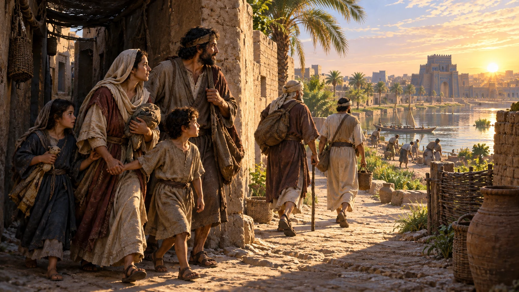 An open path through the exile settlement leads from shadow into clear daylight as people begin to turn; no visible deity