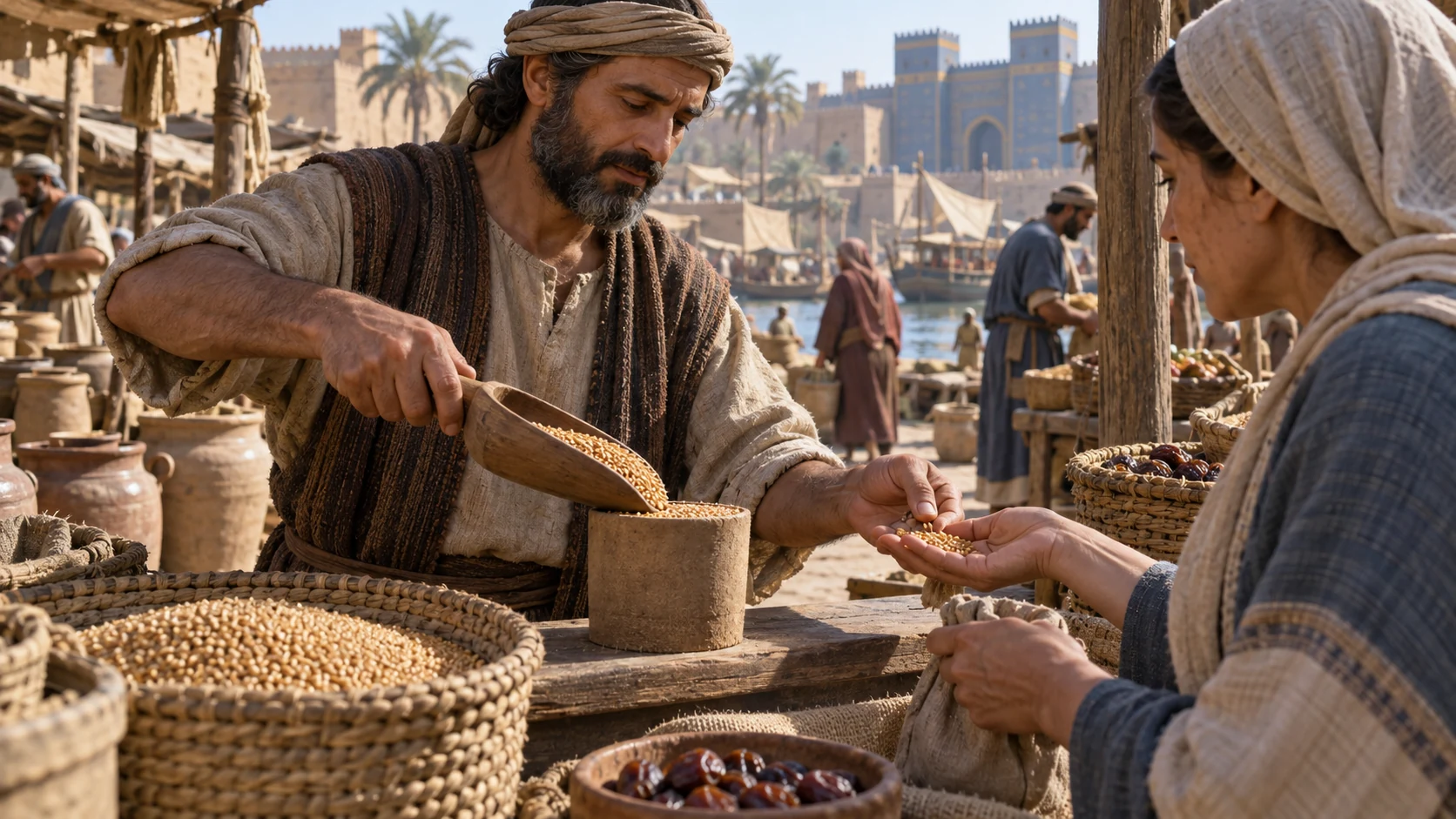 A different former wrongdoer gives honest measure at a market stall and returns change fairly
