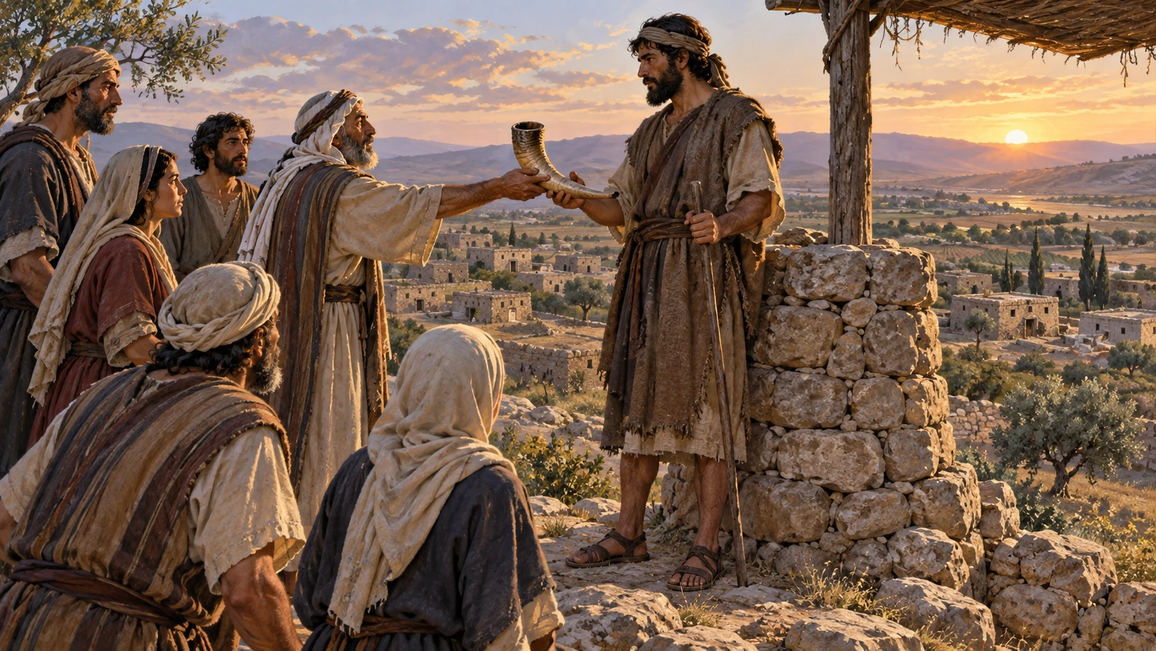 Villagers on an ancient hill select one anonymous watchman near a low stone lookout, with no conflict or royal uniform