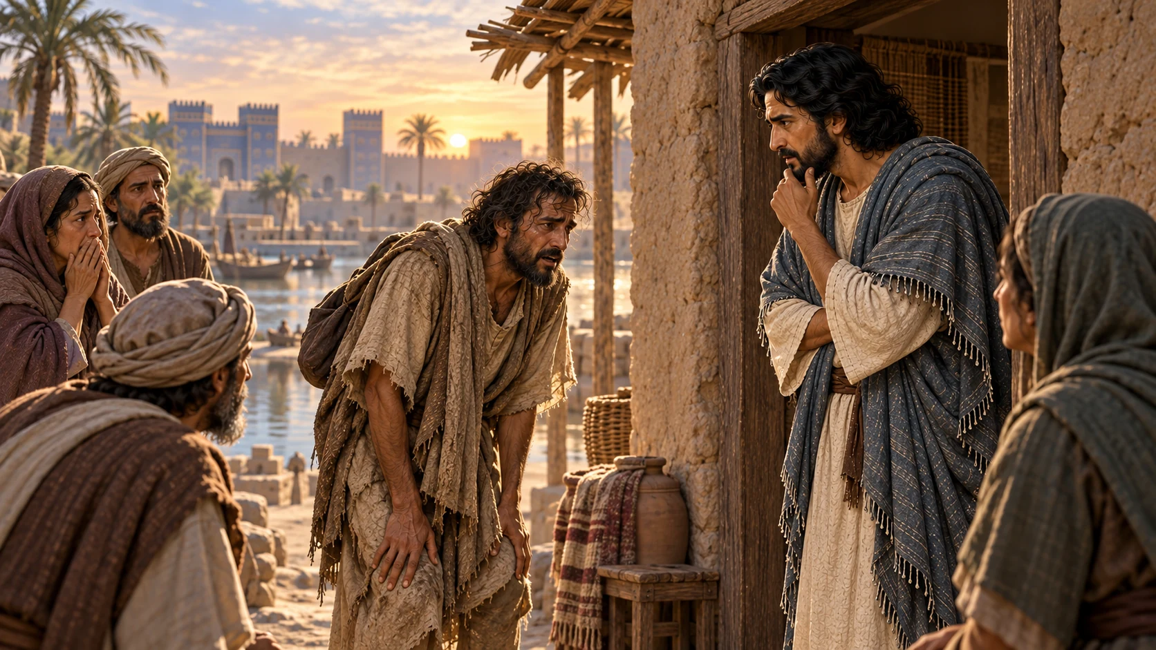 A weary anonymous survivor reaches Ezekiel’s exile dwelling at dawn while residents gather, no invented details of Jerusalem’s fall